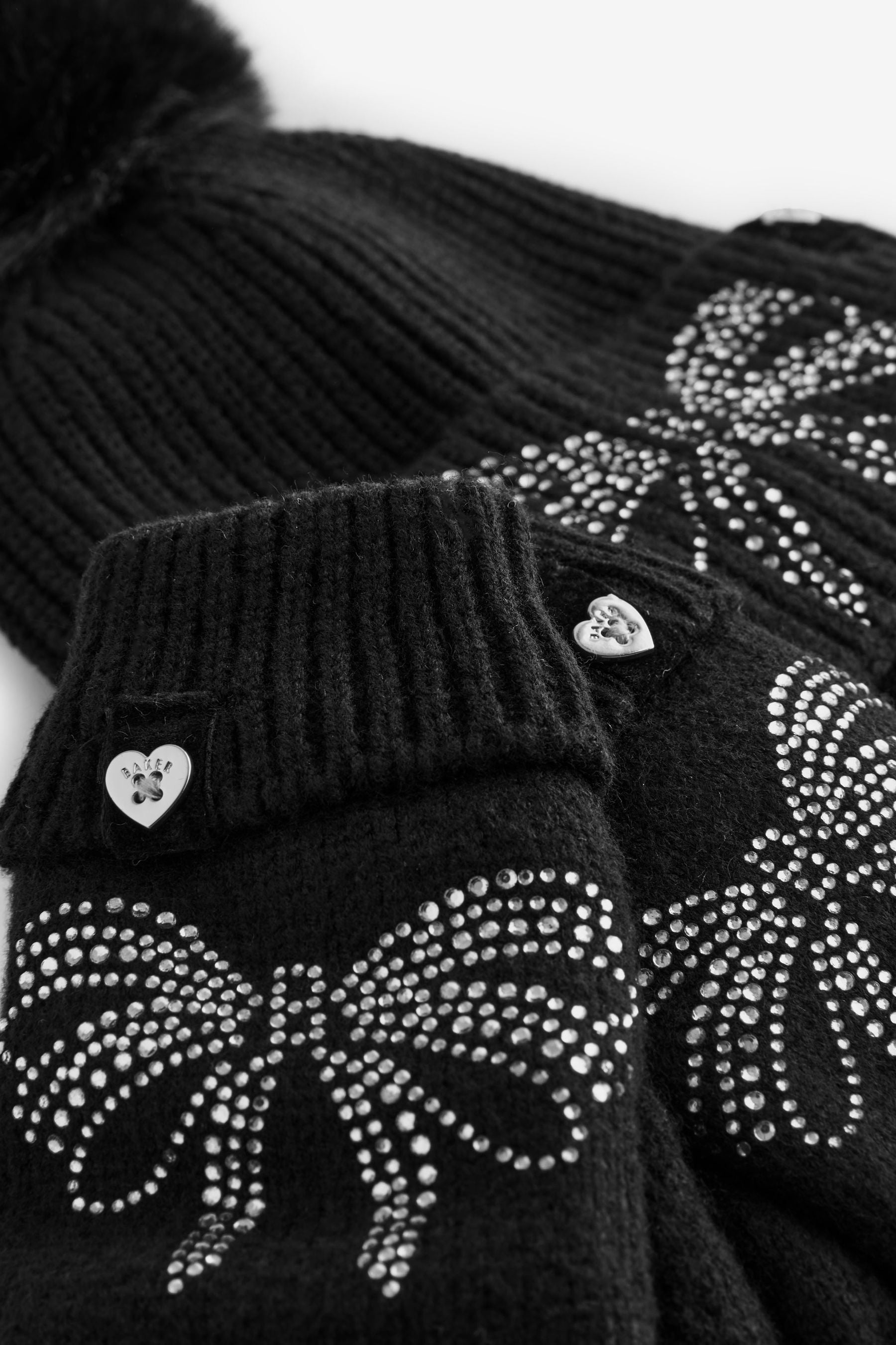 Baker by Ted Baker Girls Knitted Diamante Black Pom Hat And Gloves Set