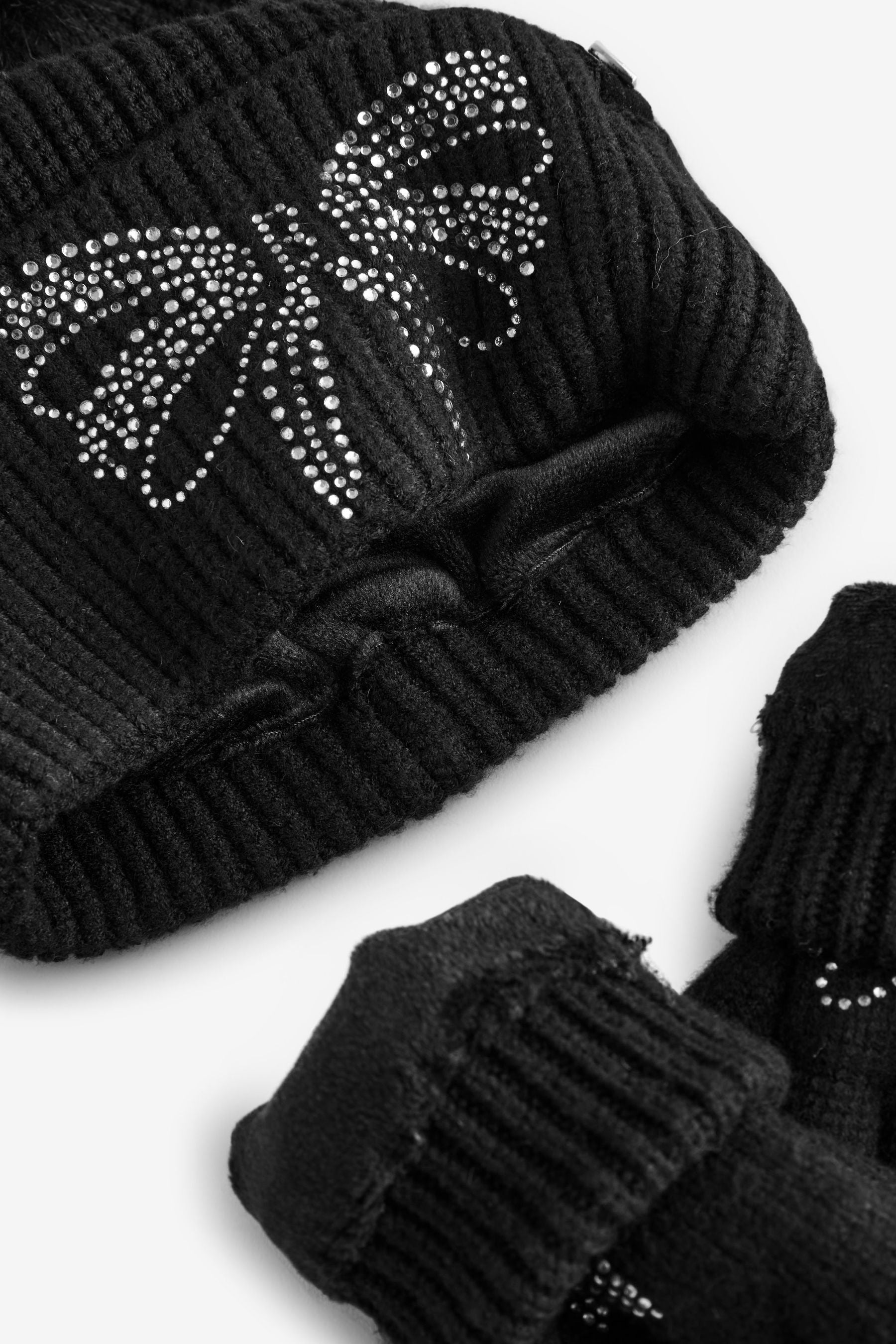 Baker by Ted Baker Girls Knitted Diamante Black Pom Hat And Gloves Set