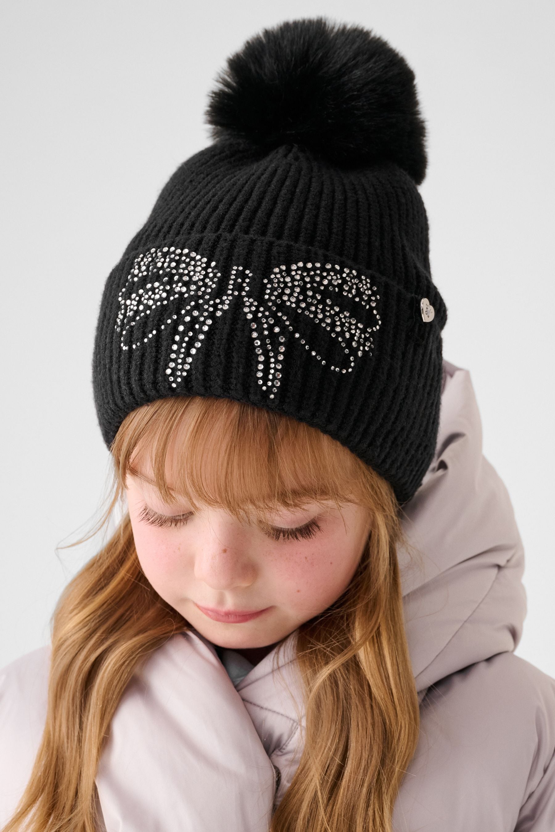 Baker by Ted Baker Girls Knitted Diamante Black Pom Hat And Gloves Set