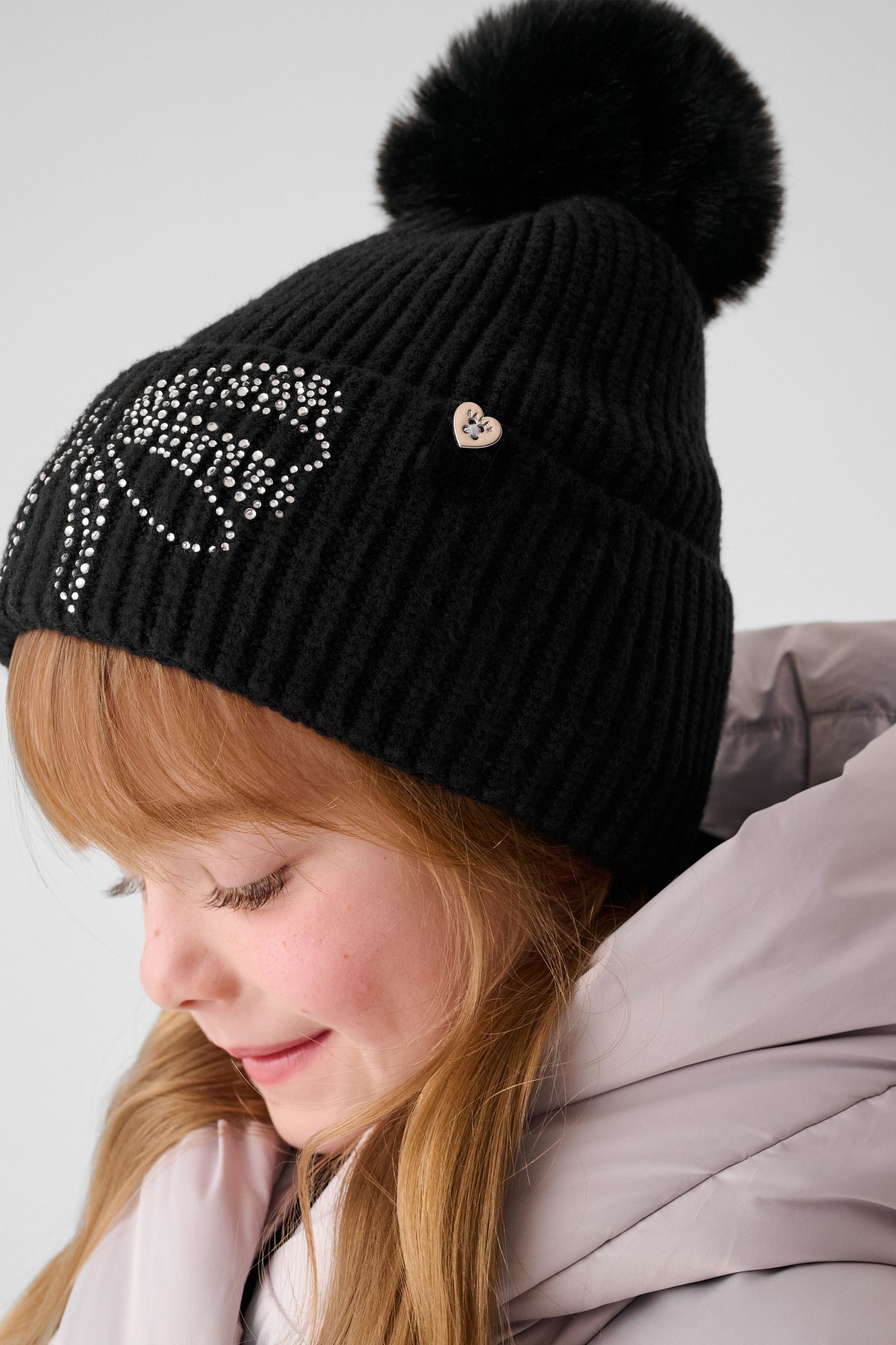 Baker by Ted Baker Girls Knitted Diamante Black Pom Hat And Gloves Set