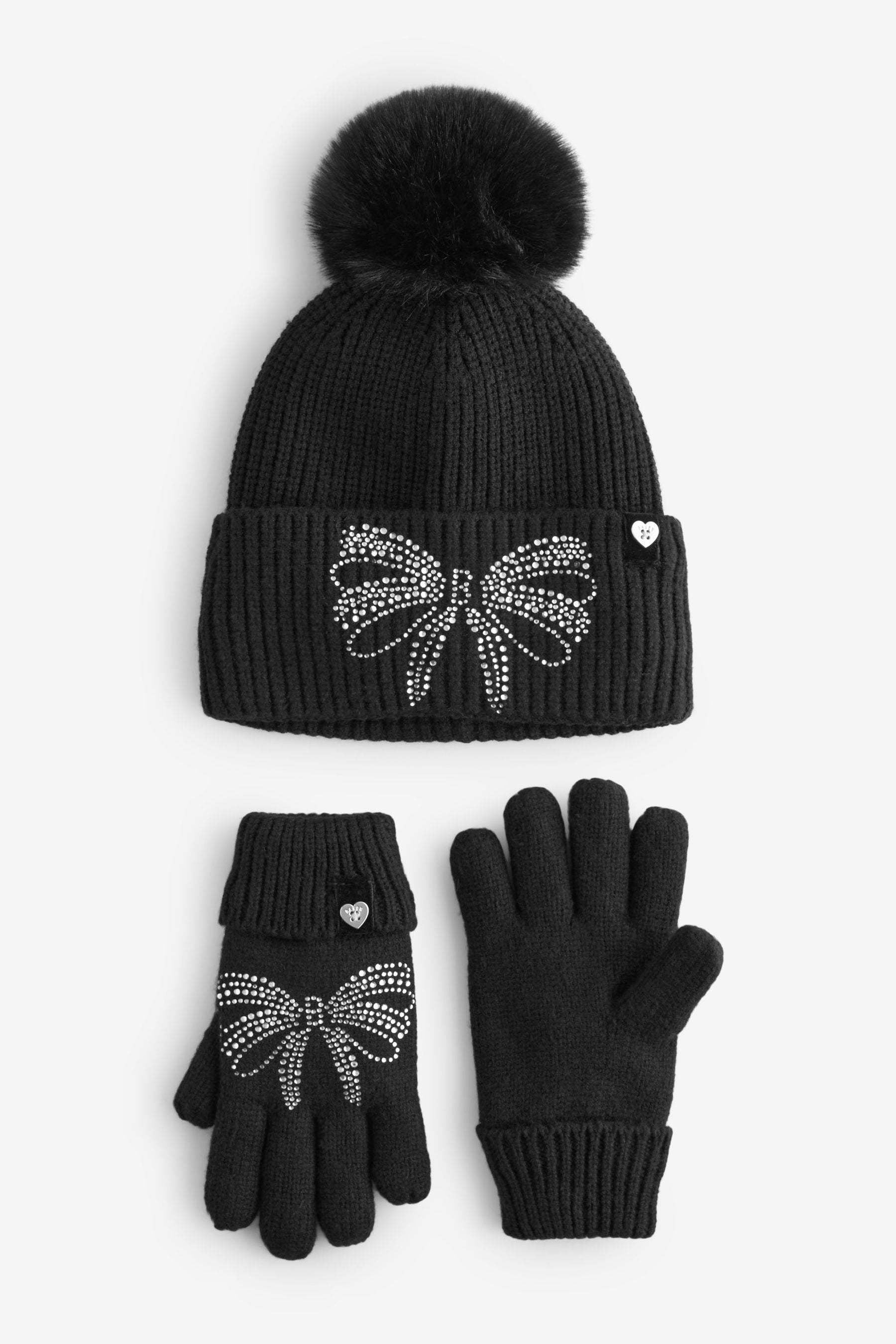 Baker by Ted Baker Girls Knitted Diamante Black Pom Hat And Gloves Set