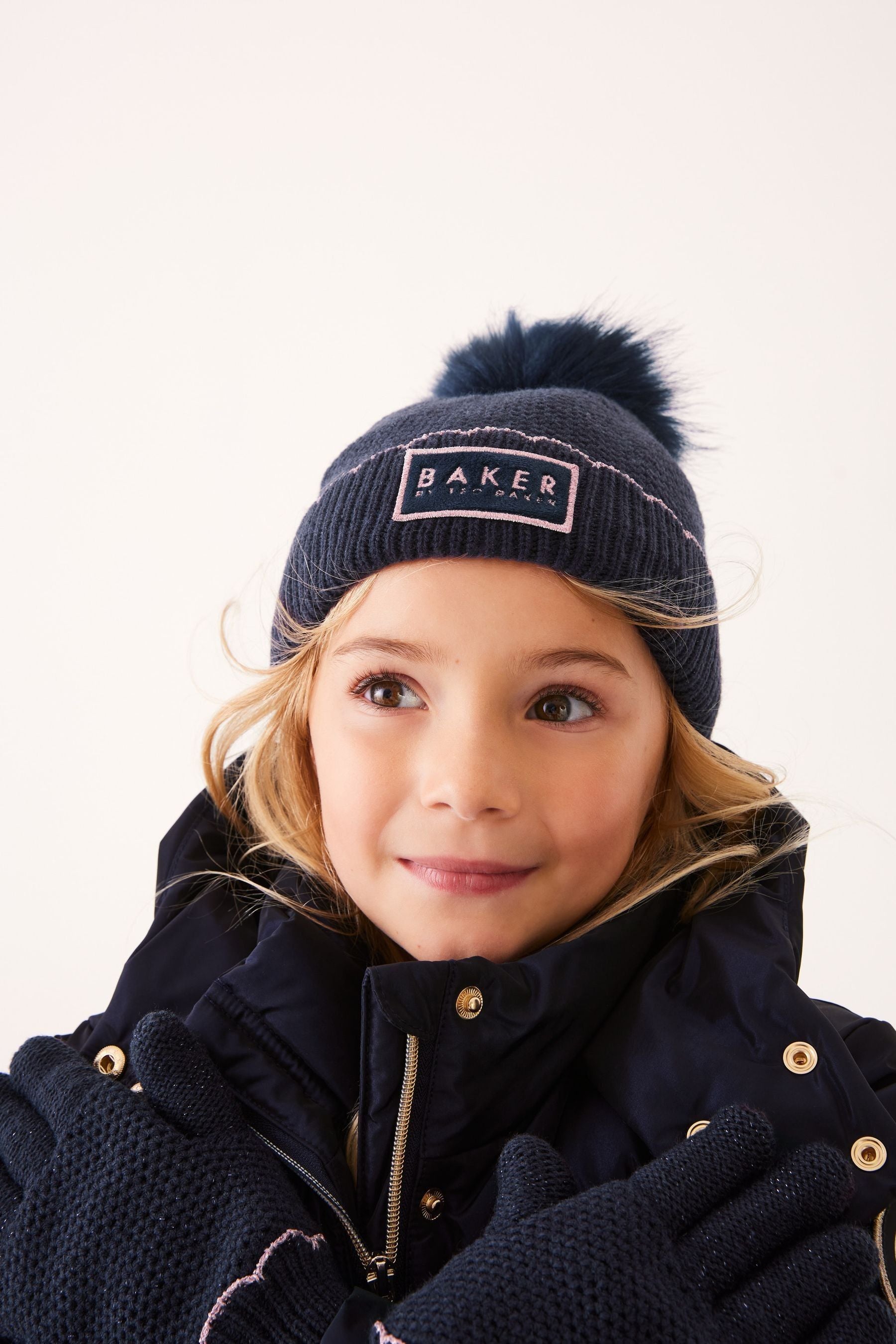 Baker by Ted baker Girls Navy Pom Beanie and Gloves Set