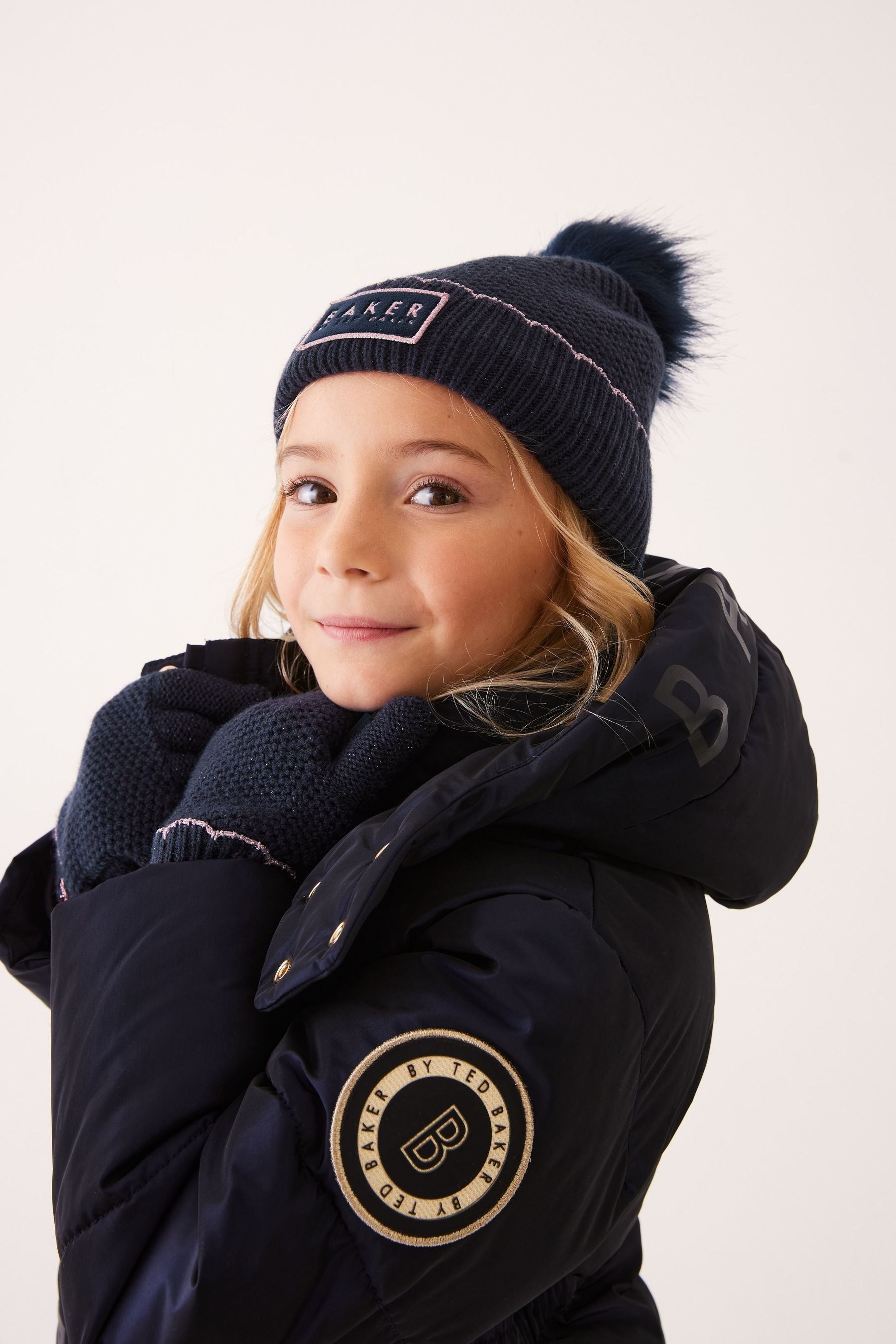 Baker by Ted baker Girls Navy Pom Beanie and Gloves Set