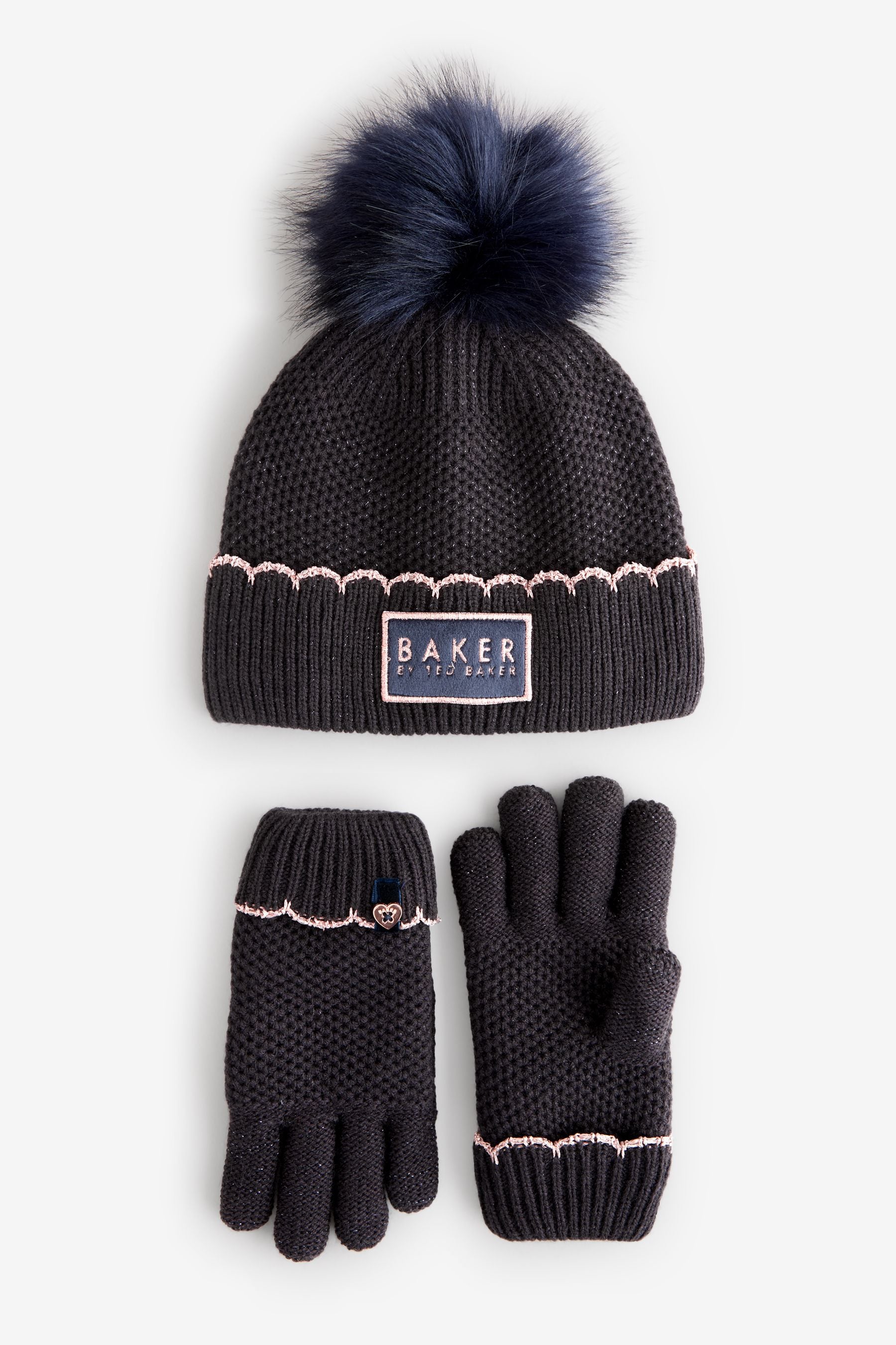 Baker by Ted baker Girls Navy Pom Beanie and Gloves Set