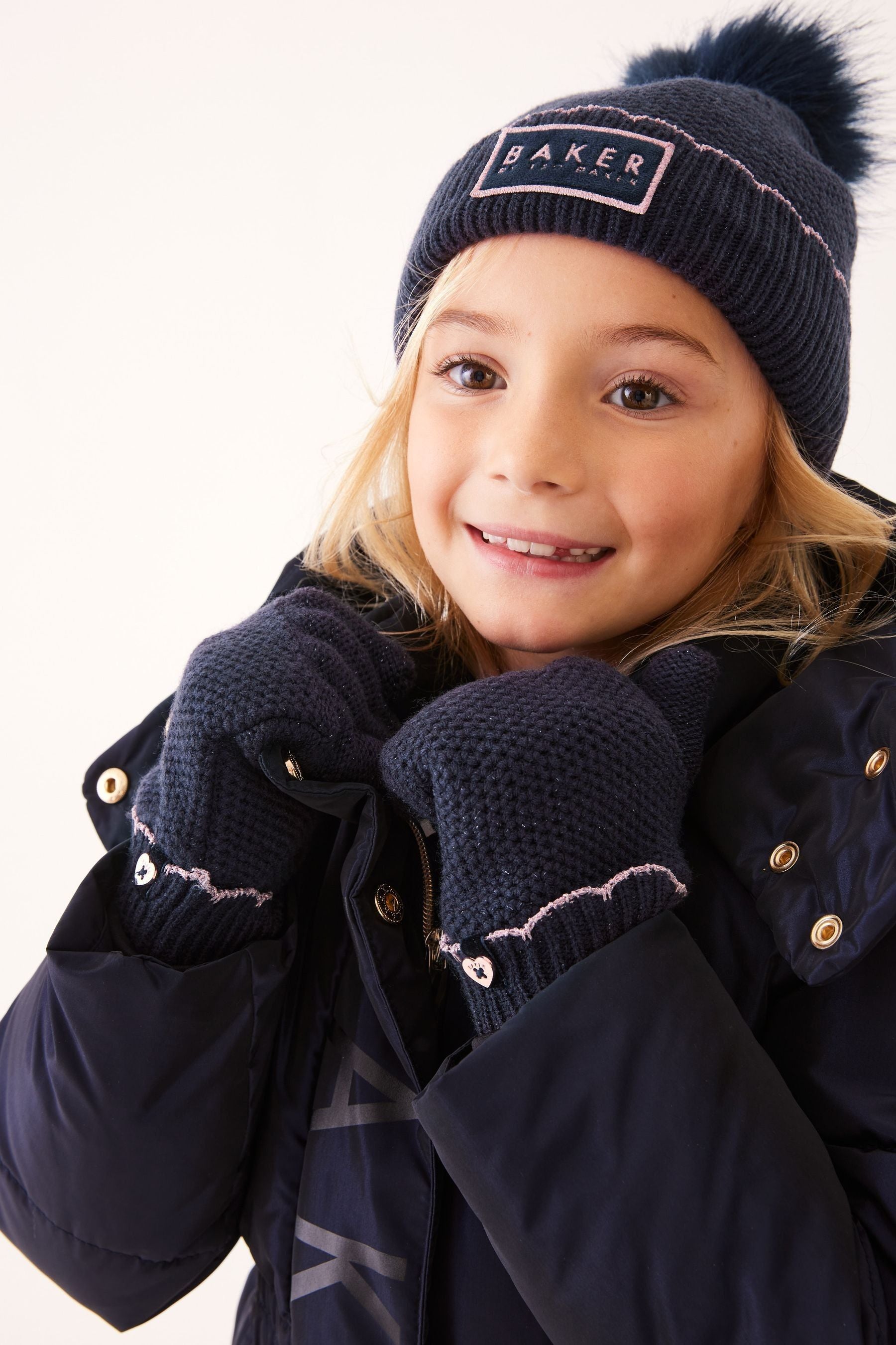 Baker by Ted baker Girls Navy Pom Beanie and Gloves Set