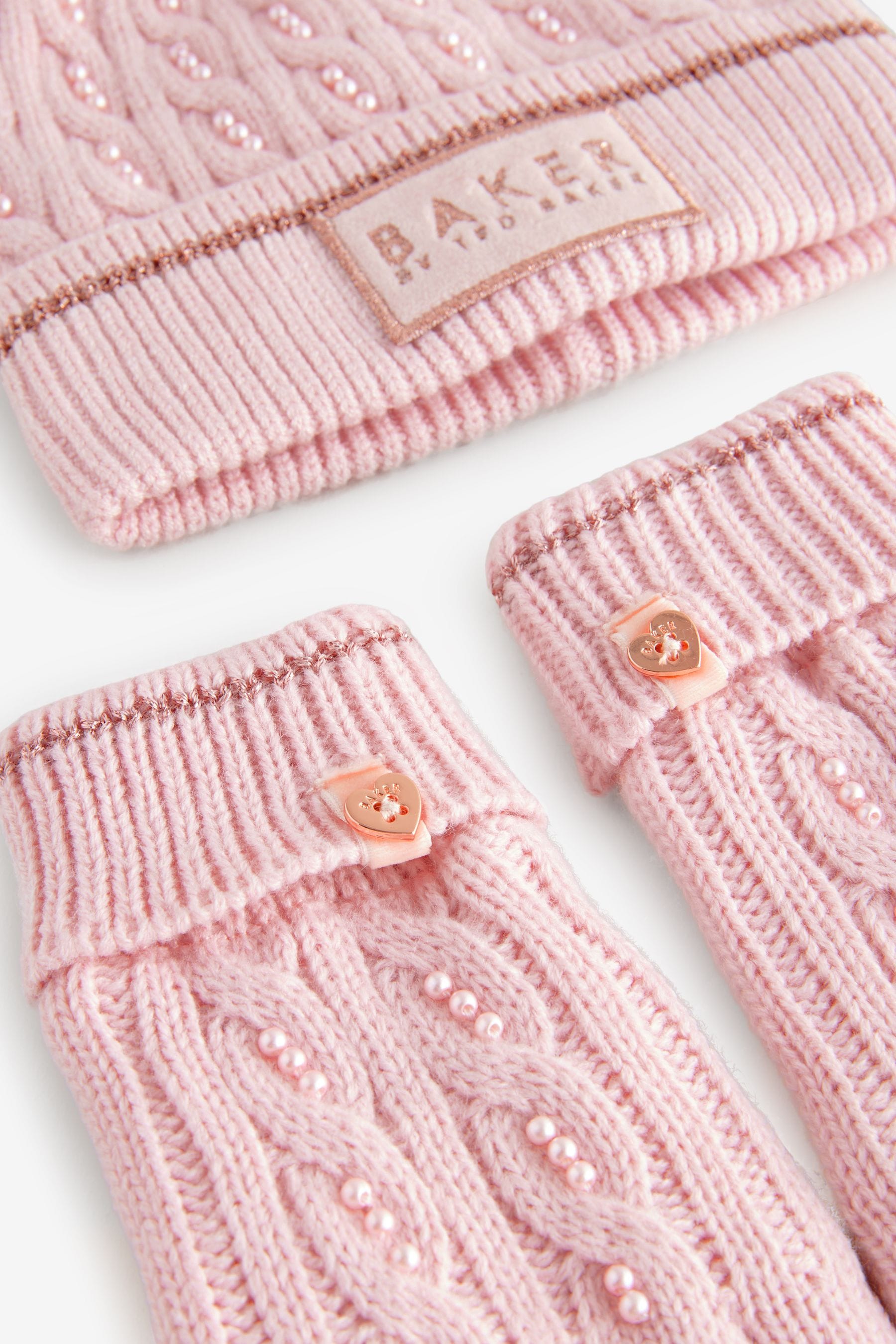 Baker by Ted Baker Girls Pink Knited Pom Hat And Gloves Set