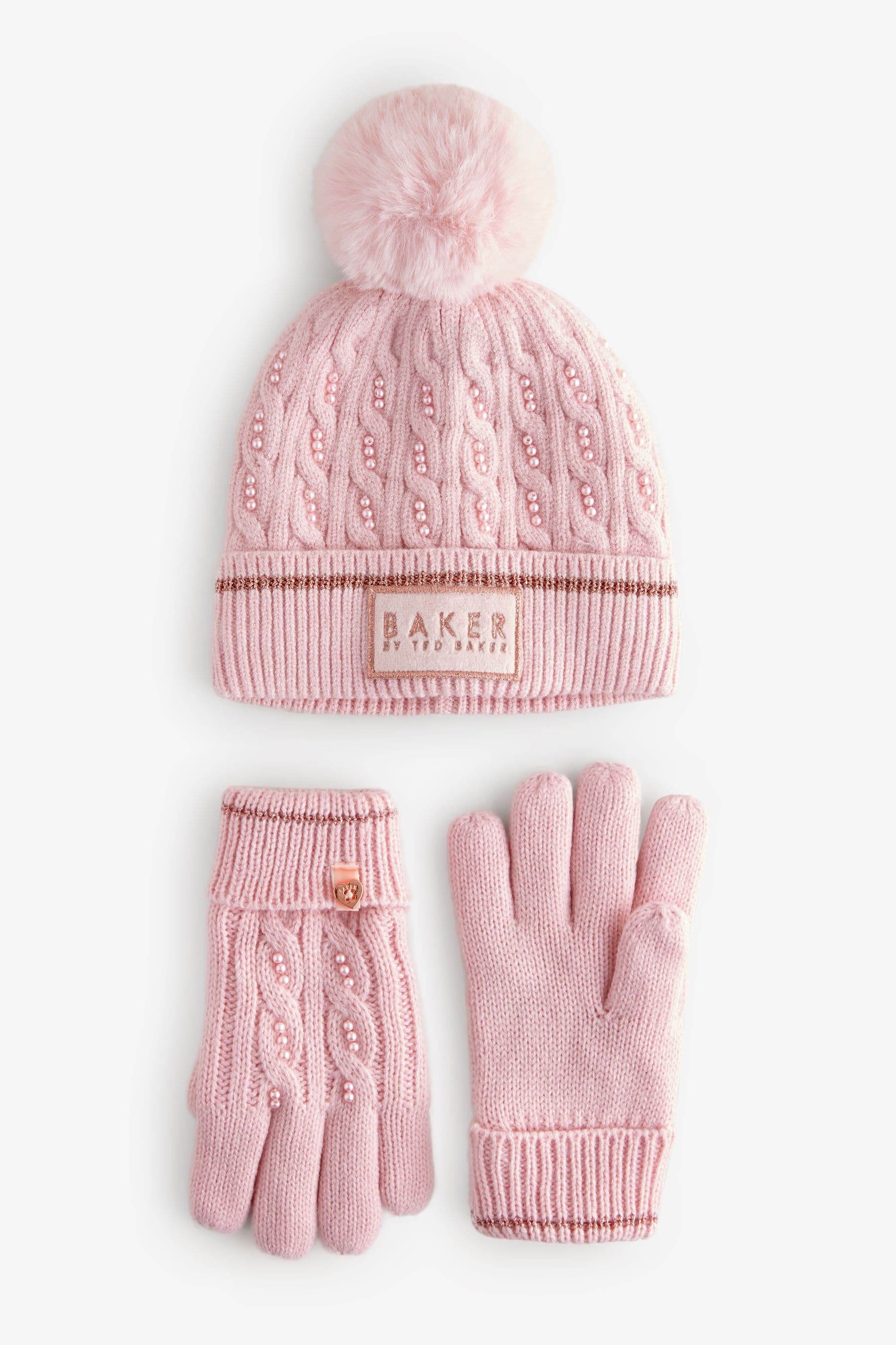 Baker by Ted Baker Girls Pink Knited Pom Hat And Gloves Set