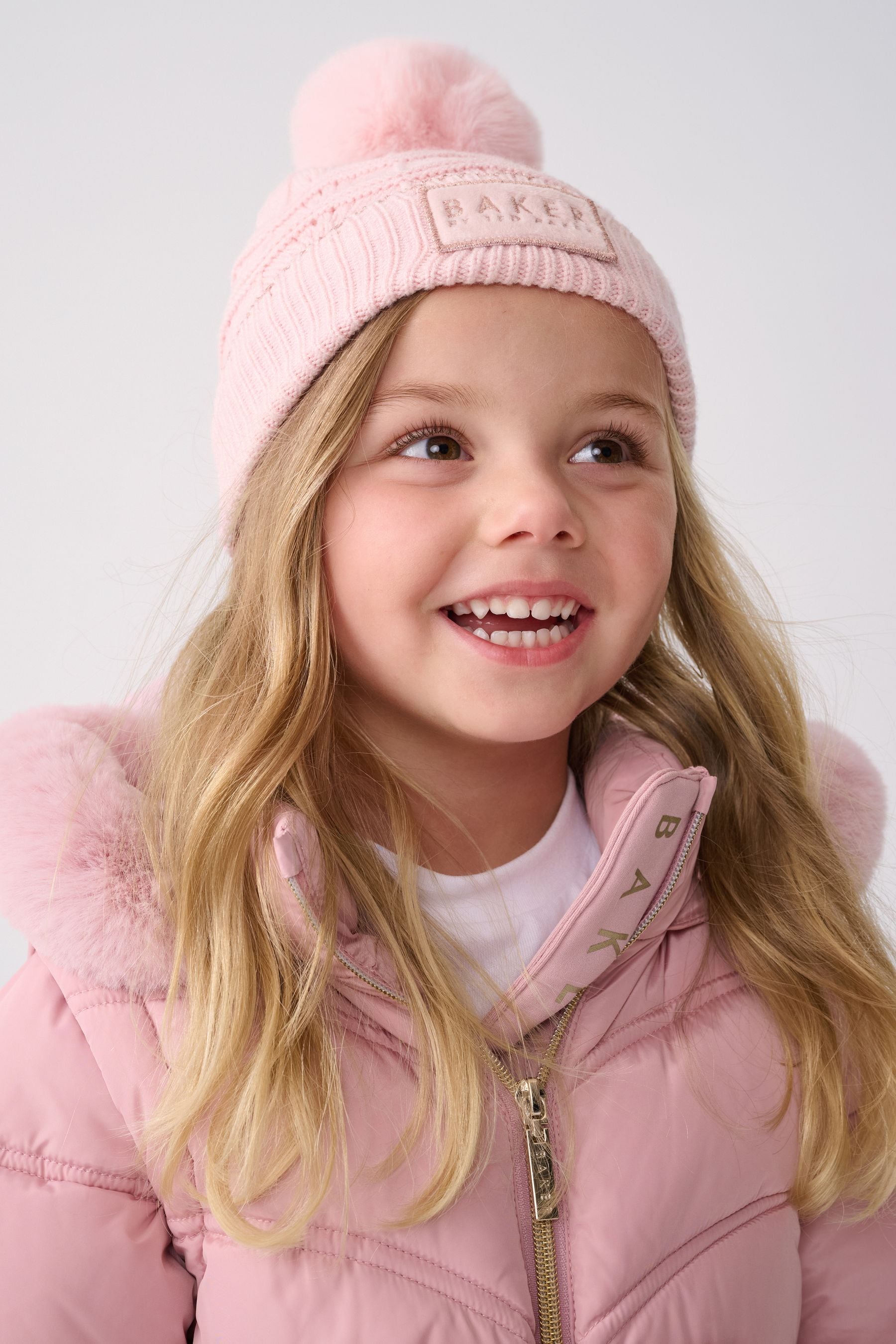 Baker By Ted Baker Girls Pink Scallop Knited Pom Hat and Mittens Set