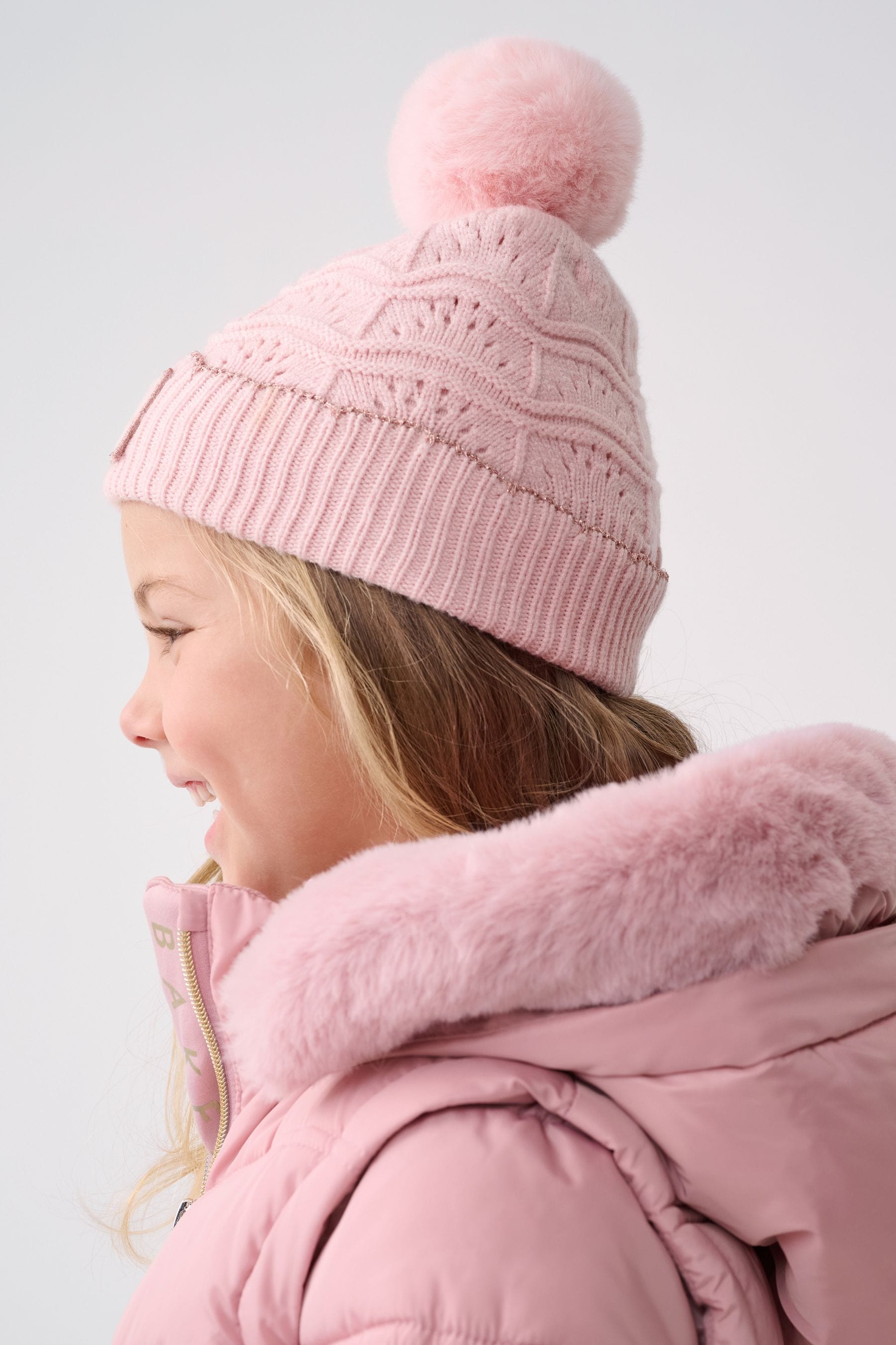 Baker By Ted Baker Girls Pink Scallop Knited Pom Hat and Mittens Set