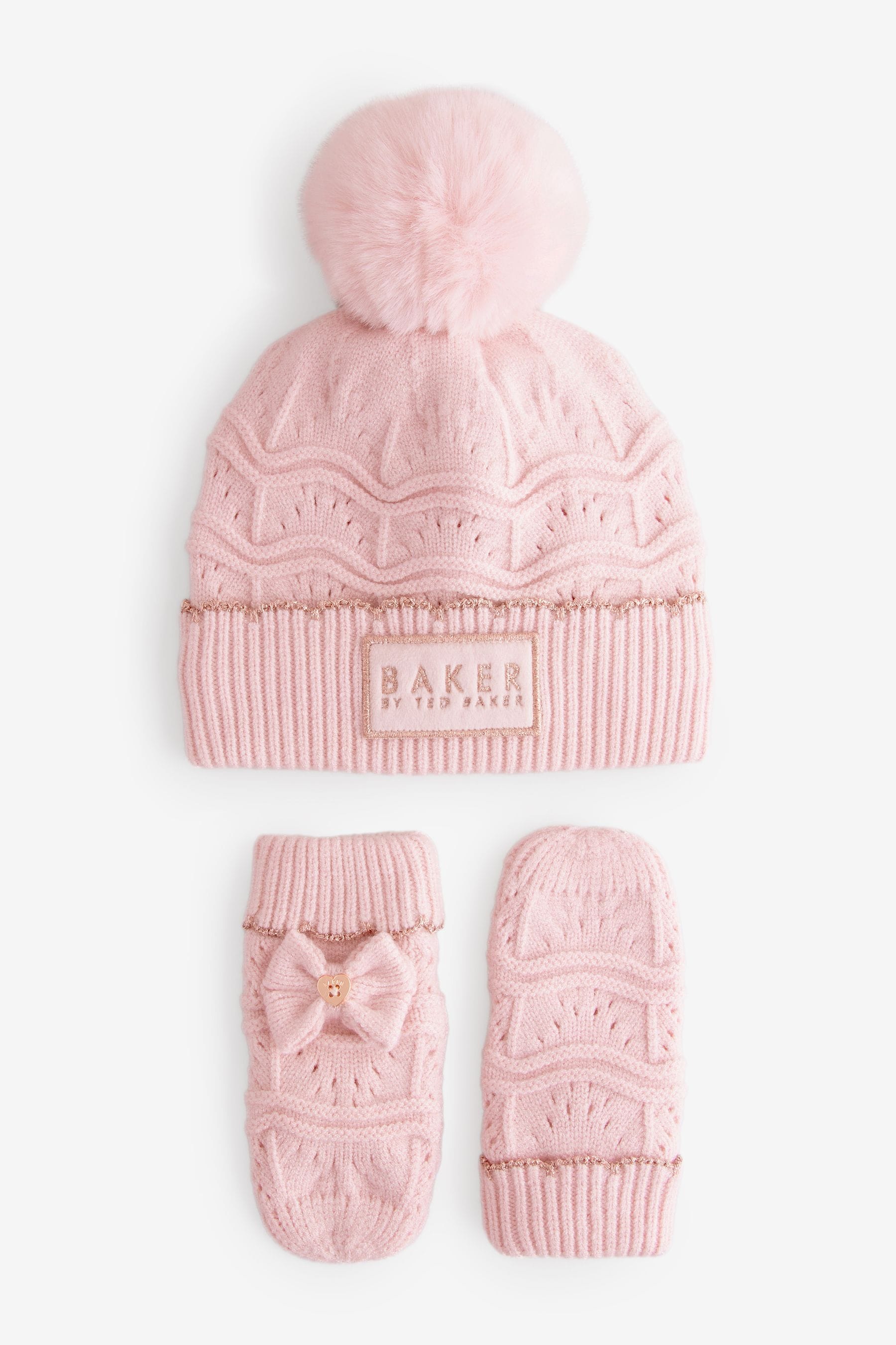 Baker By Ted Baker Girls Pink Scallop Knited Pom Hat and Mittens Set