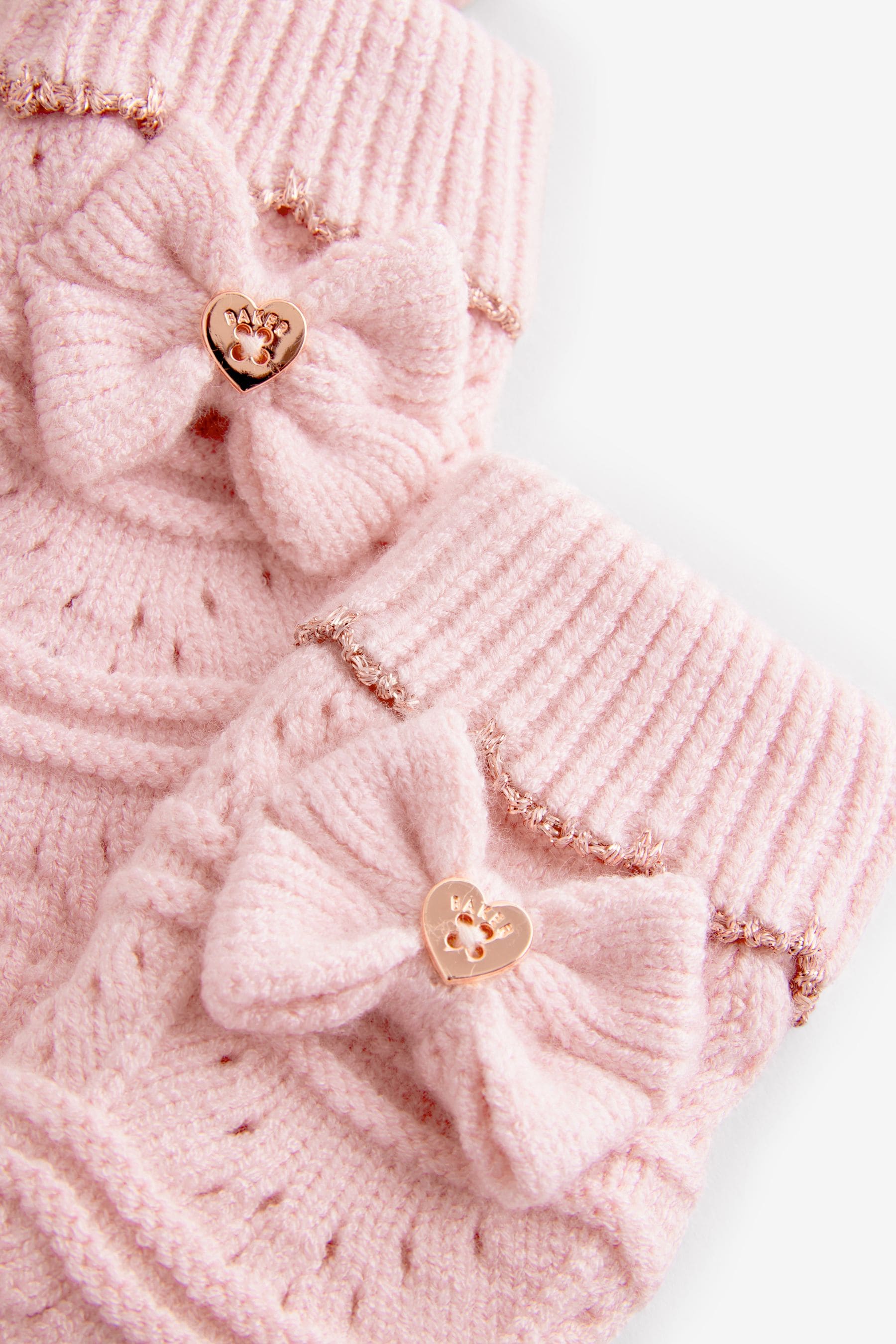 Baker By Ted Baker Girls Pink Scallop Knited Pom Hat and Mittens Set