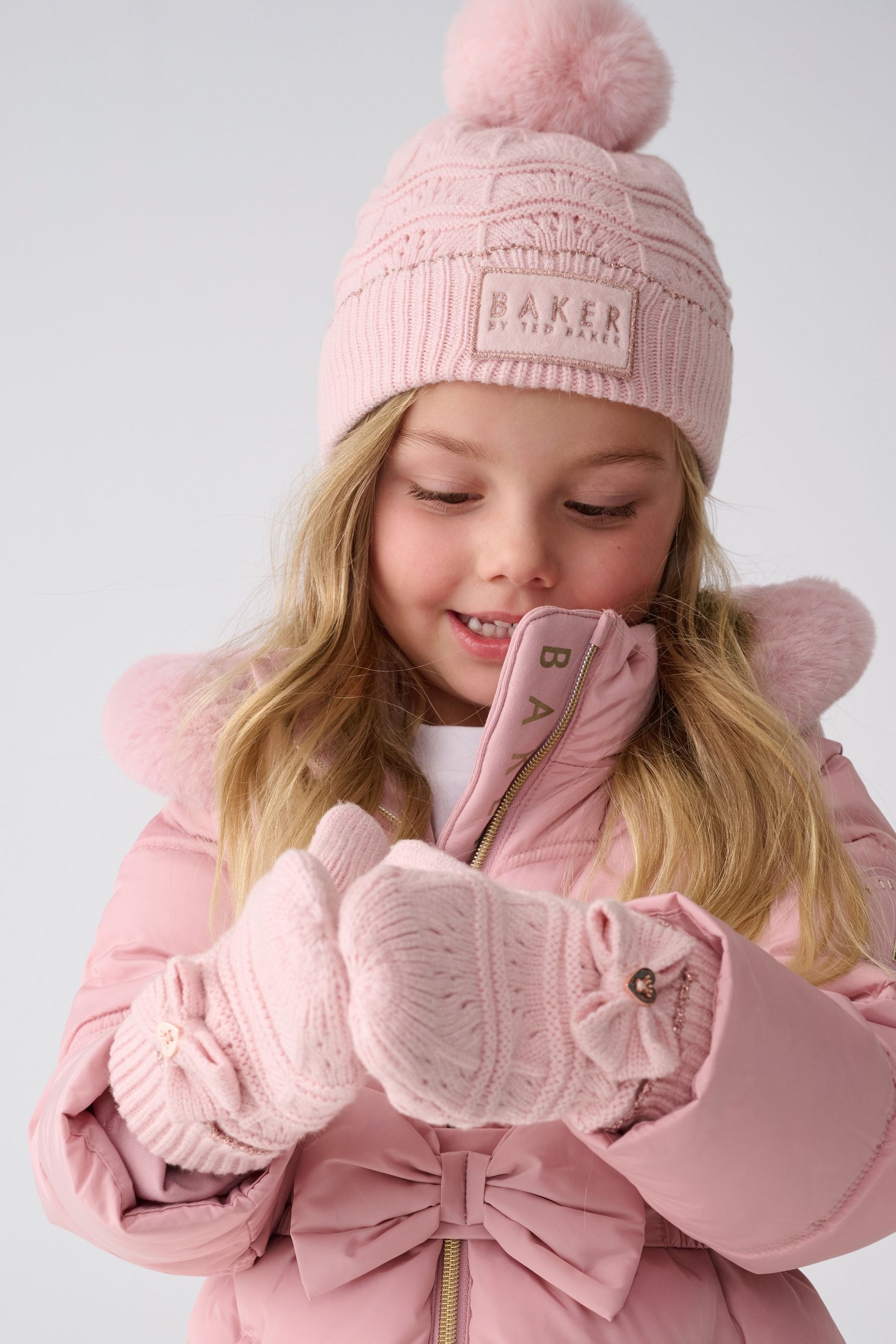 Baker By Ted Baker Girls Pink Scallop Knited Pom Hat and Mittens Set