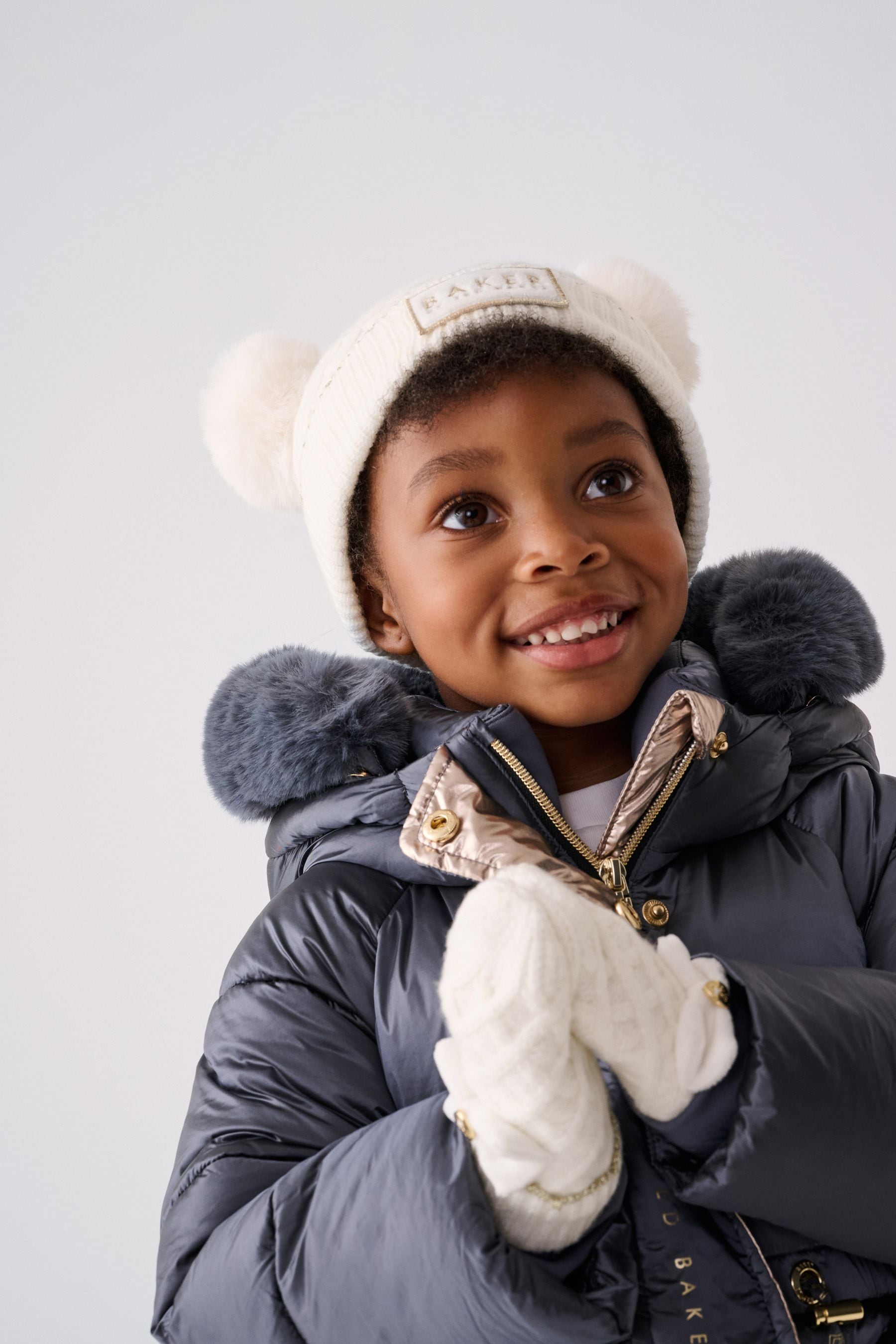 Baker By Ted Baker Girls Cream Double Pom Eared Hat and Mittens Set