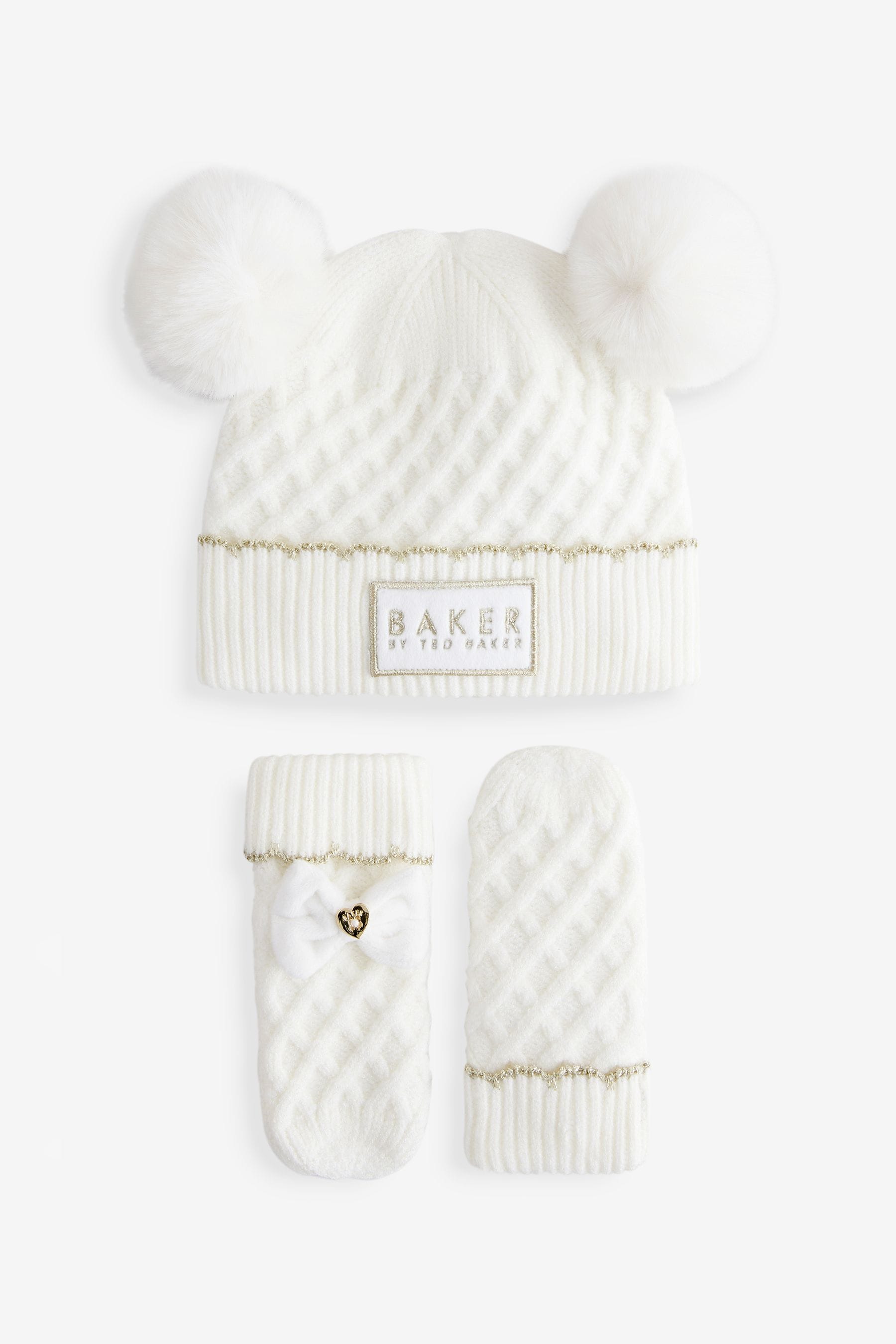 Baker By Ted Baker Girls Cream Double Pom Eared Hat and Mittens Set