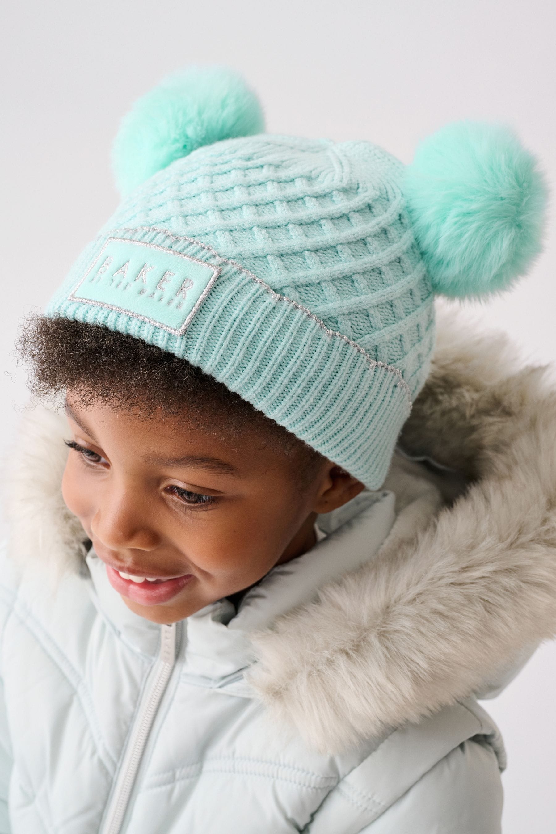 Baker By Ted Baker Girls Cream Double Pom Eared Hat and Mittens Set