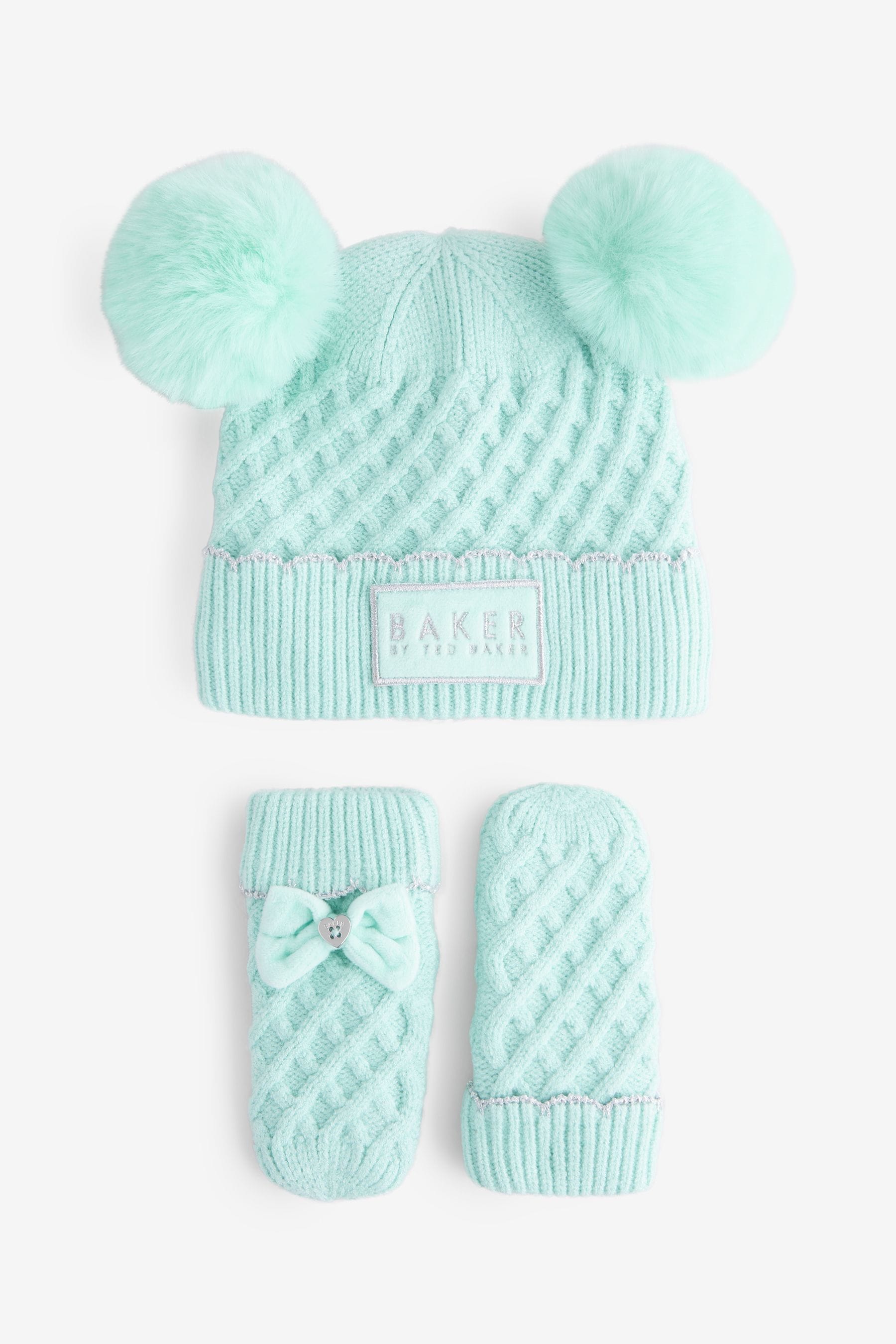 Baker By Ted Baker Girls Cream Double Pom Eared Hat and Mittens Set