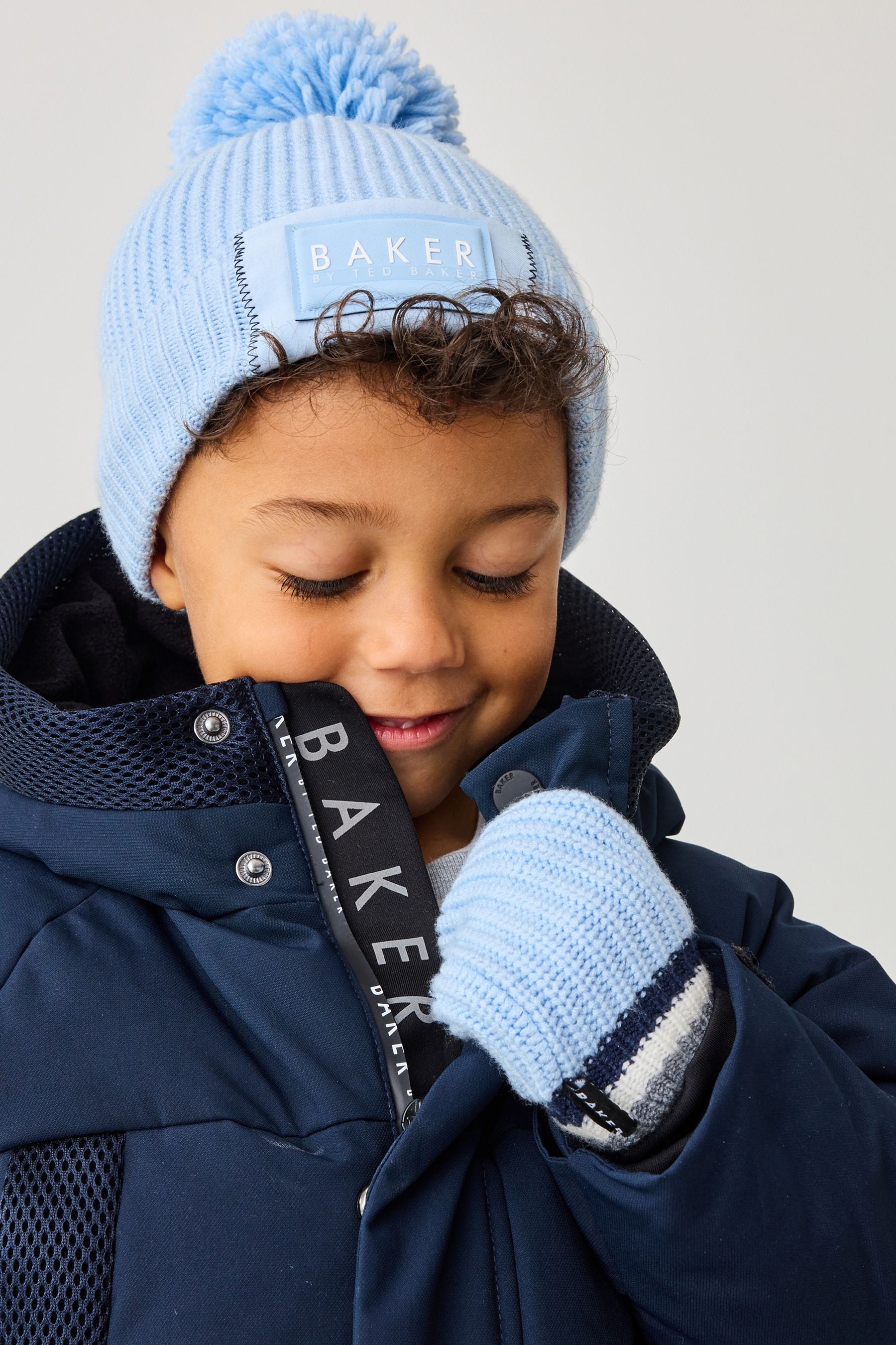 Baker by Ted Baker Boys Navy Pom Beanie And Mittens Set