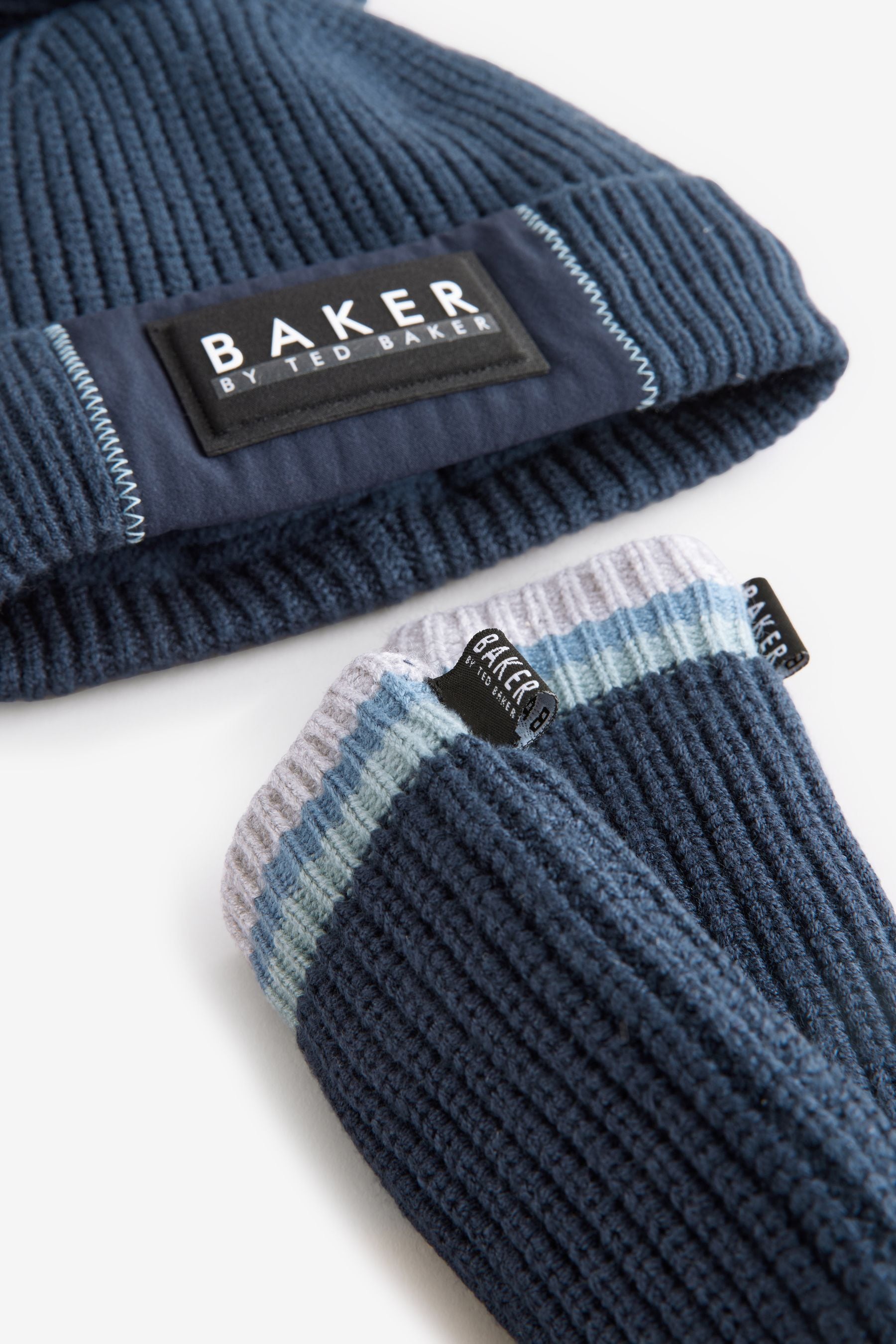 Baker by Ted Baker Boys Navy Pom Beanie And Mittens Set