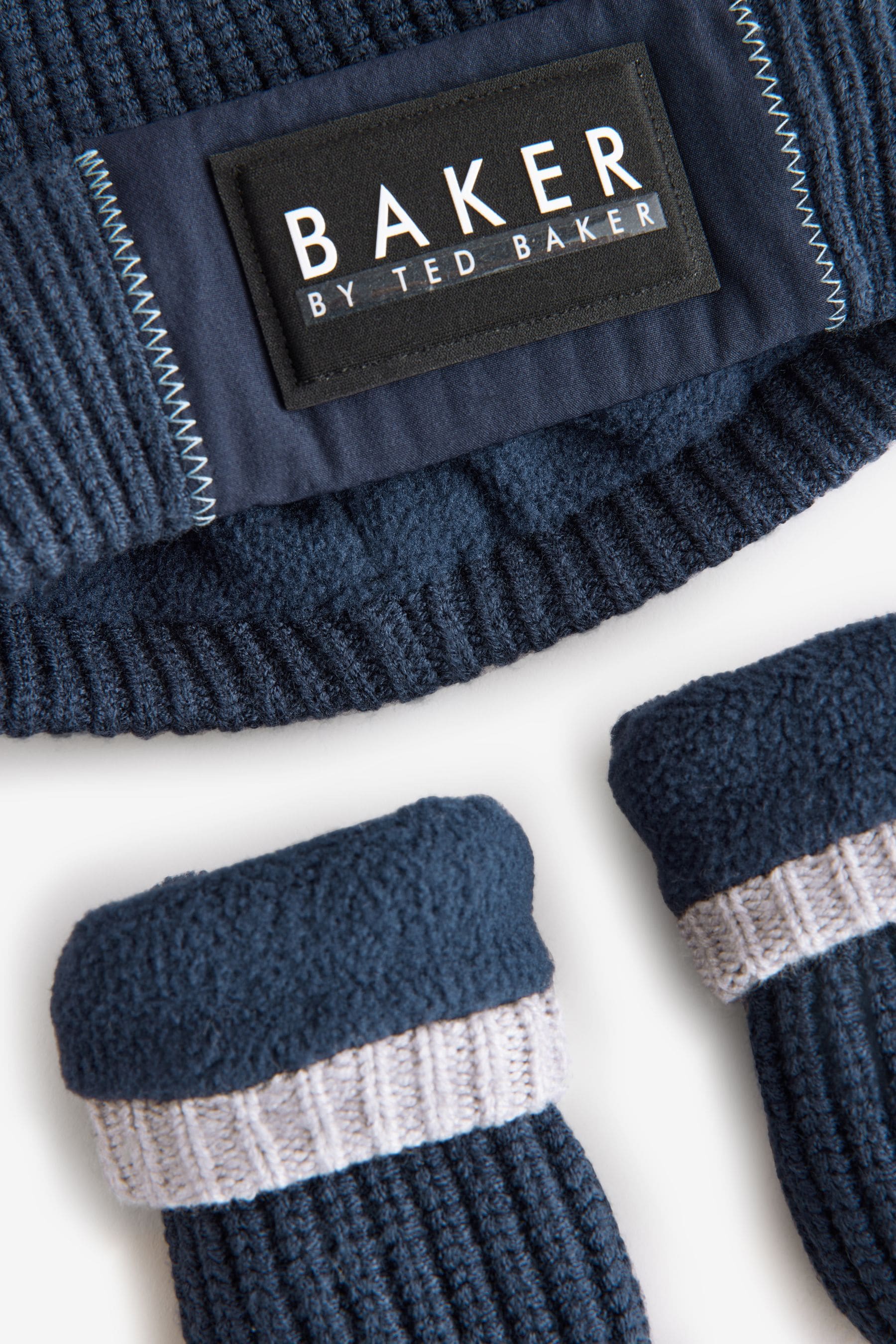 Baker by Ted Baker Boys Navy Pom Beanie And Mittens Set