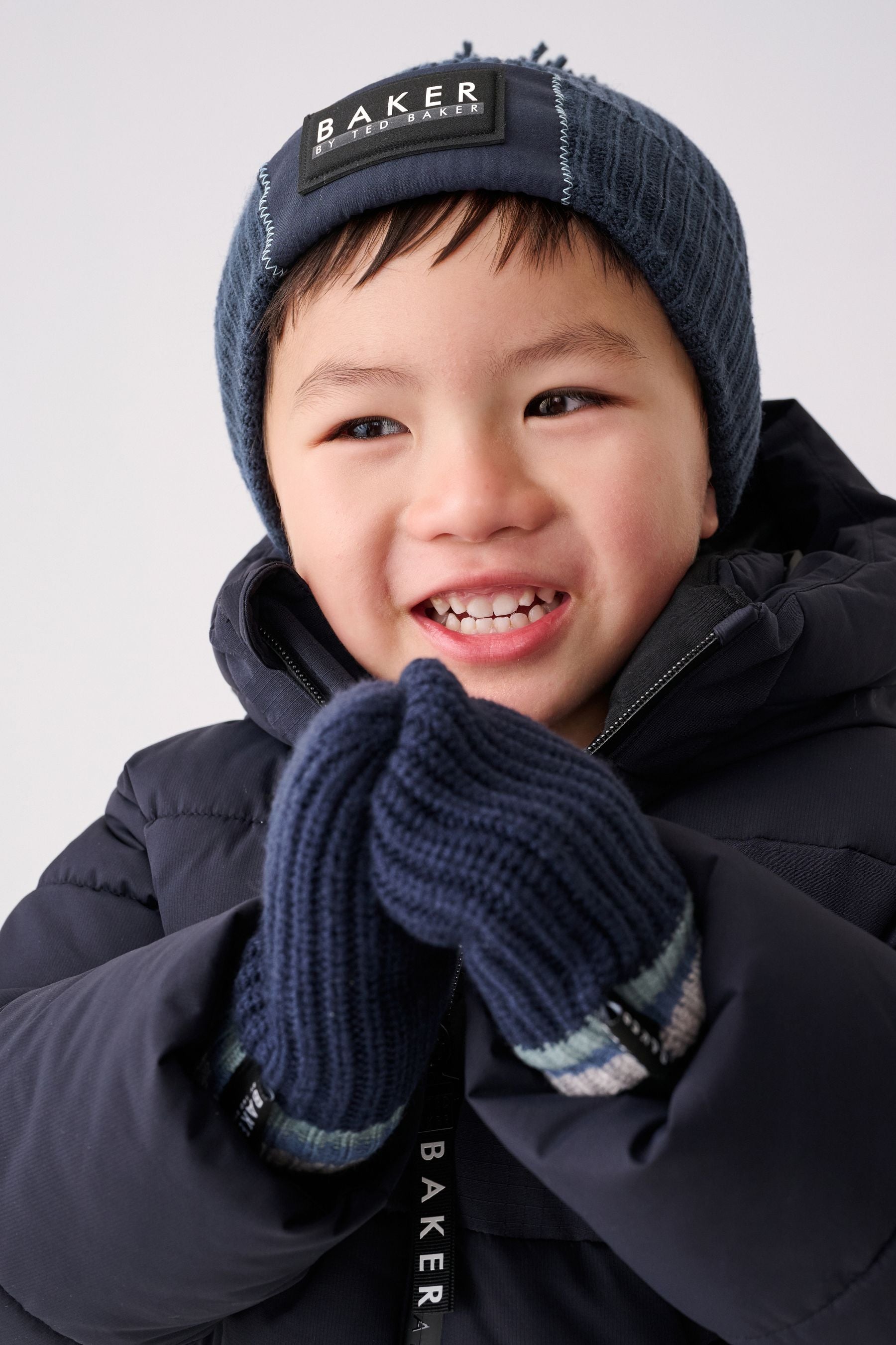 Baker by Ted Baker Boys Navy Pom Beanie And Mittens Set