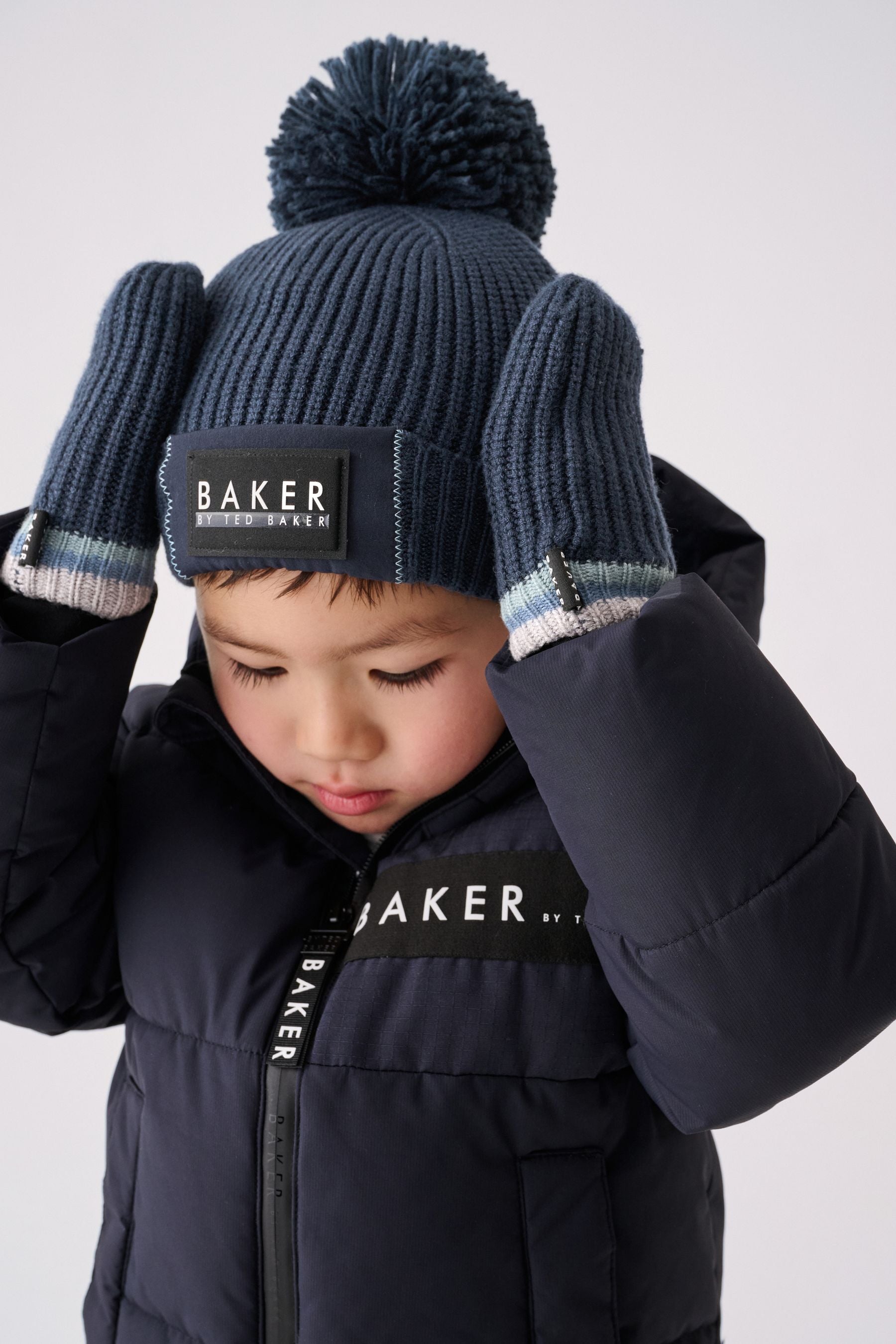 Baker by Ted Baker Boys Navy Pom Beanie And Mittens Set