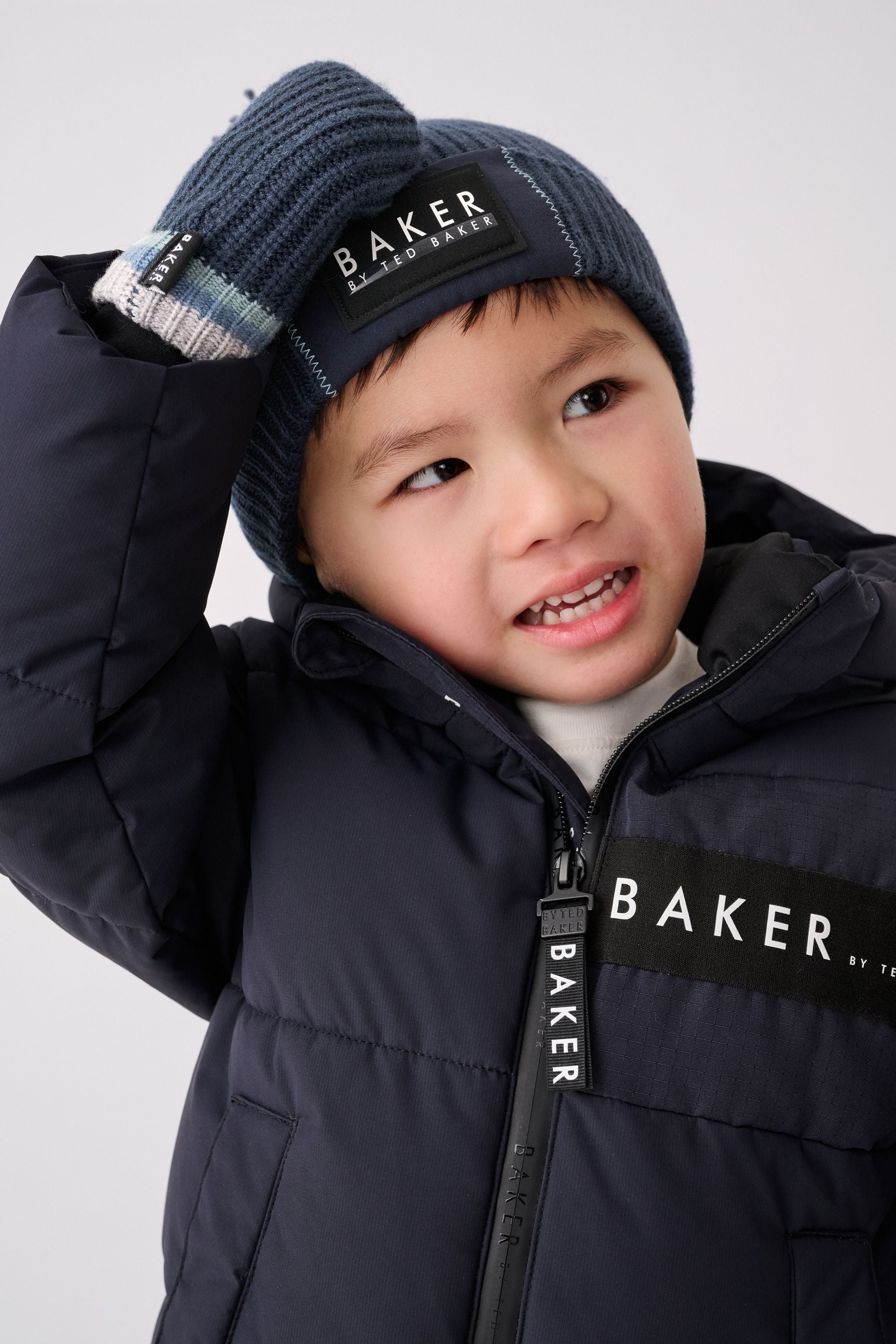 Baker by Ted Baker Boys Navy Pom Beanie And Mittens Set