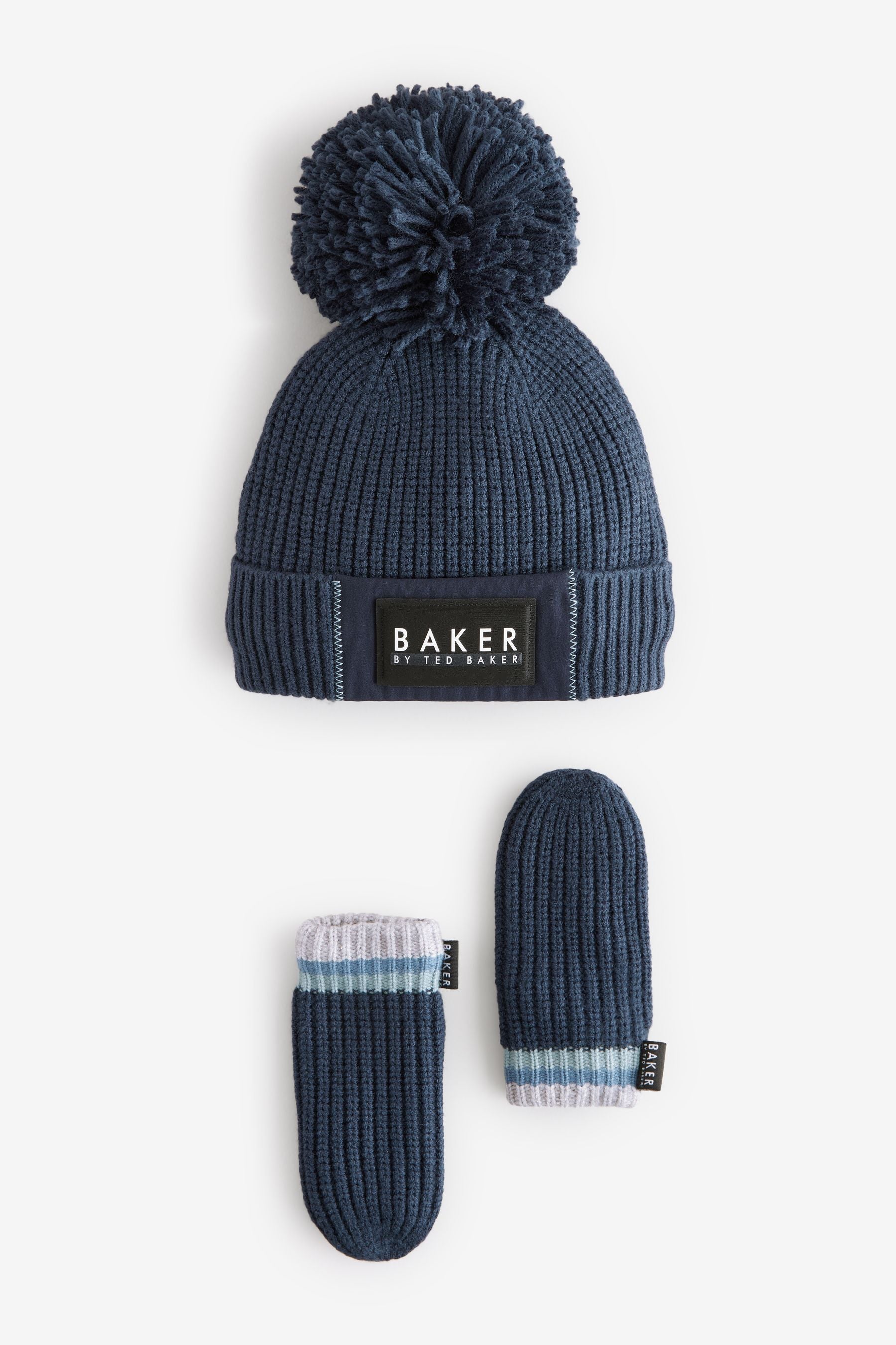 Baker by Ted Baker Boys Navy Pom Beanie And Mittens Set