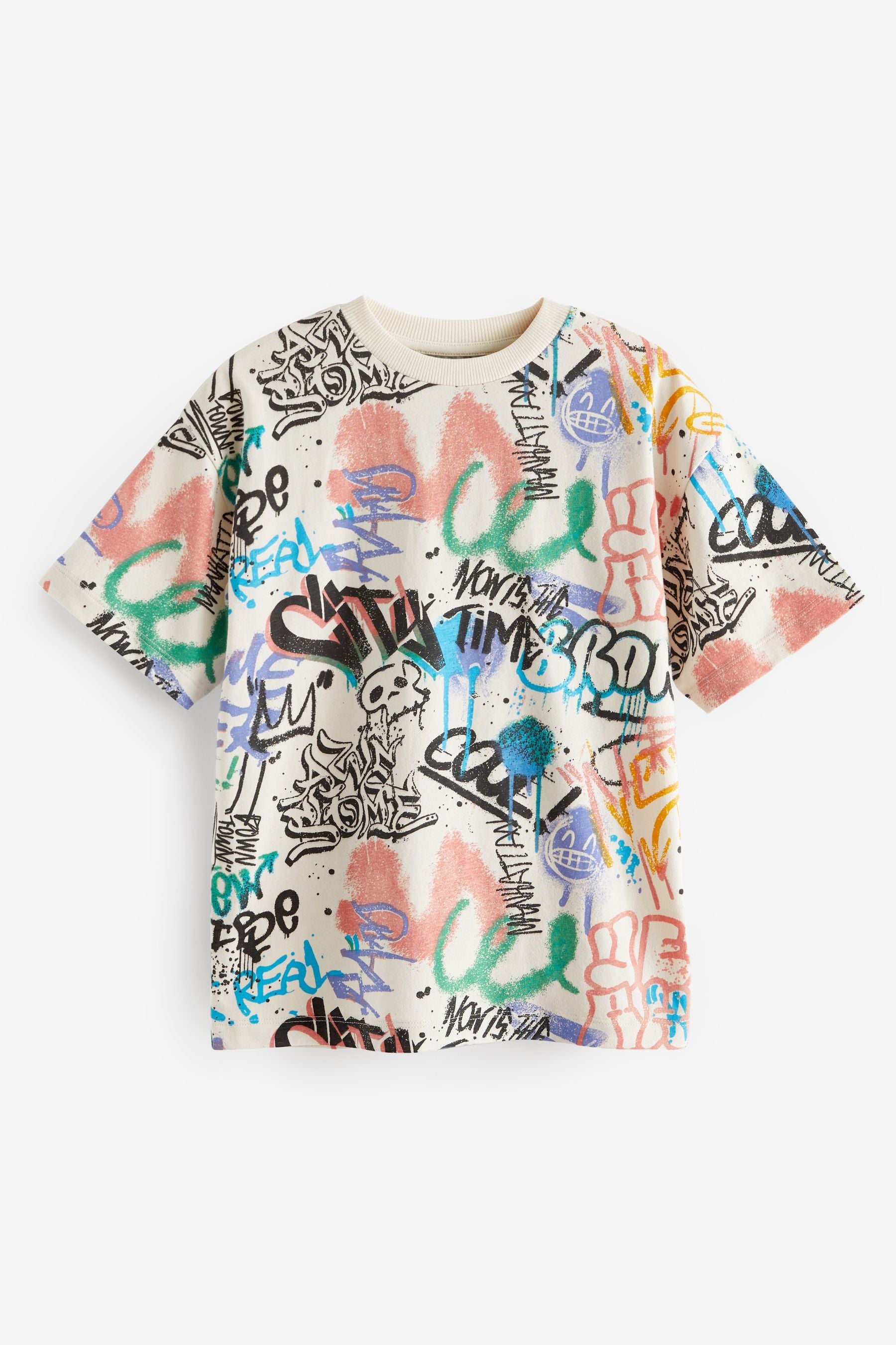 Ecru Cream Graffiti All-Over Print Short Sleeves 100% Cotton T-Shirt (3-16yrs)