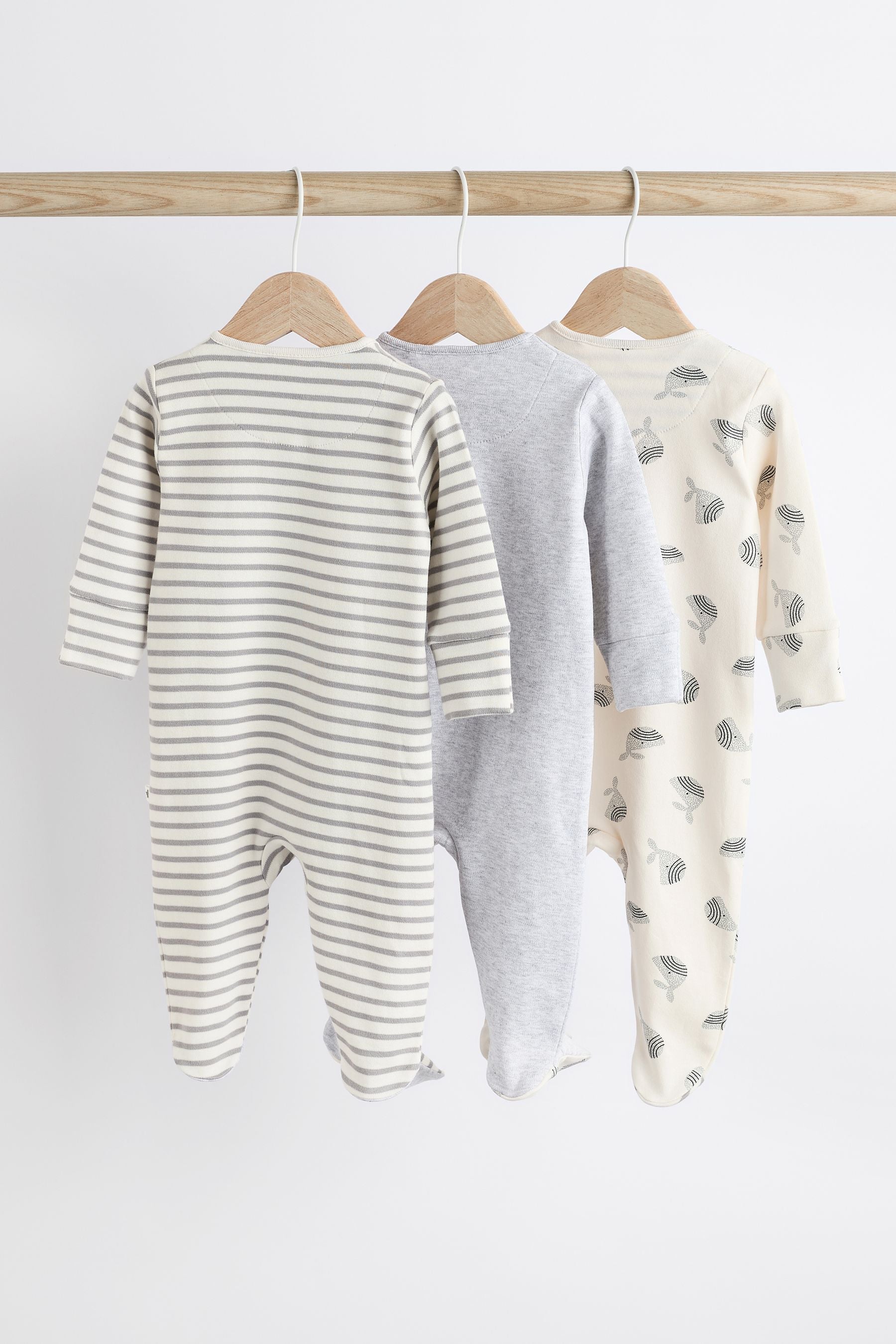 Grey Whale Baby 2 Way Zip Sleepsuits 3 Pack (0mths-2yrs)