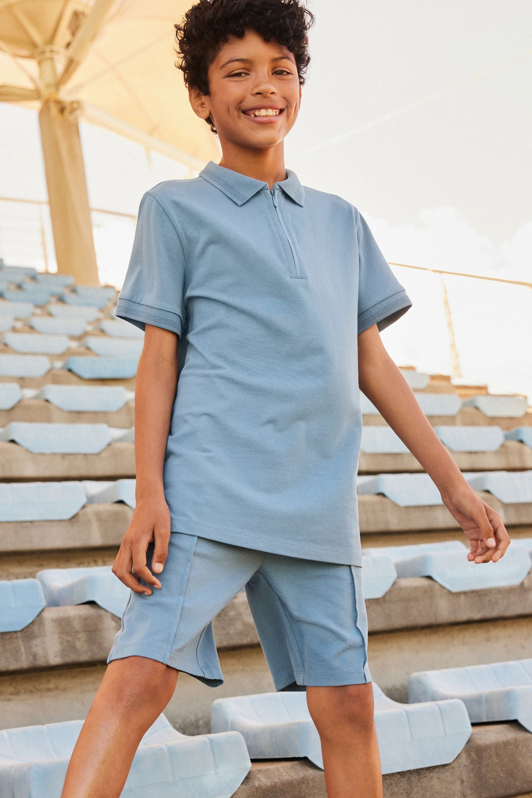 Blue Zip Neck Polo 100% Cotton Shirt And Shorts Set (3-16yrs)