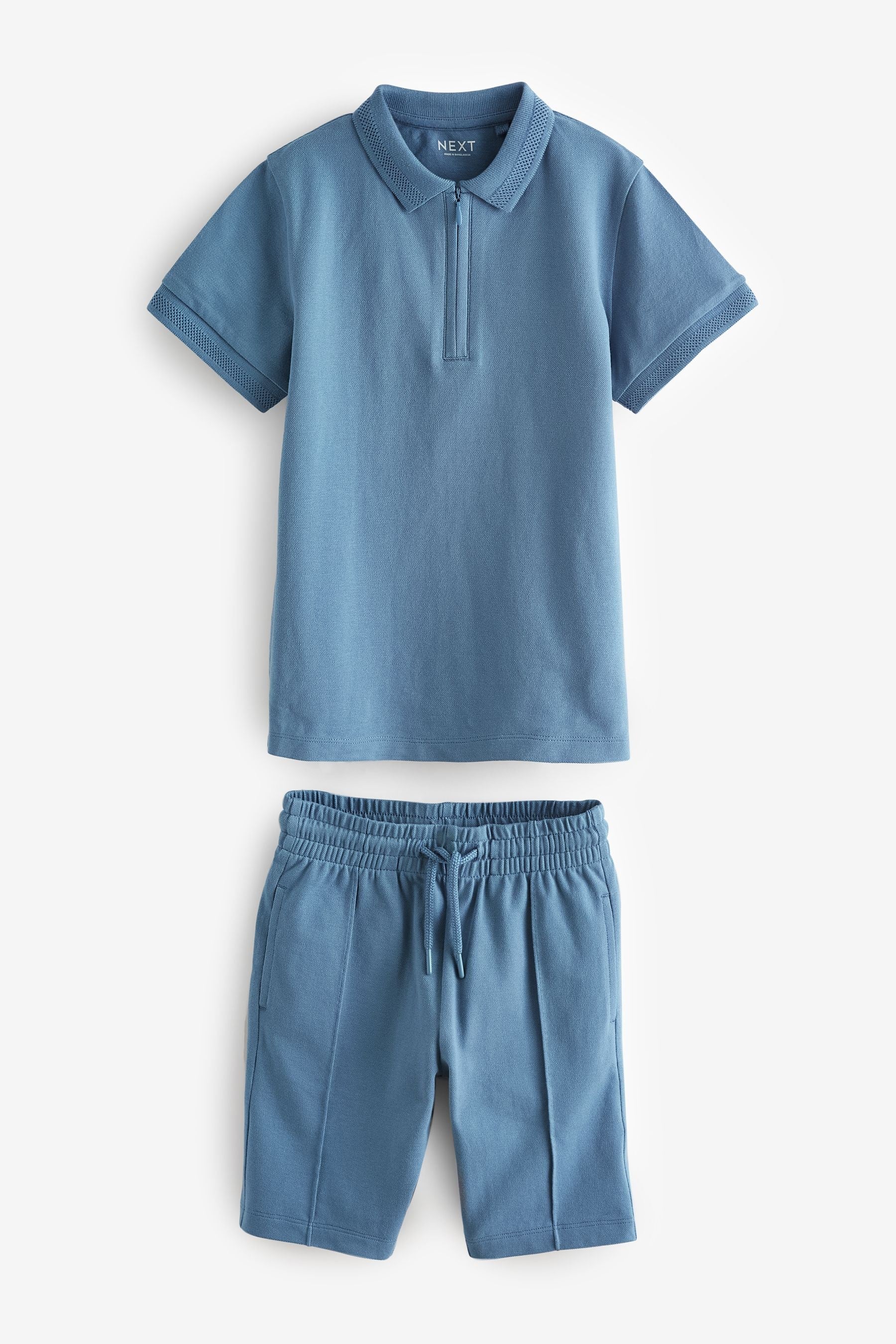 Blue Zip Neck Polo 100% Cotton Shirt And Shorts Set (3-16yrs)