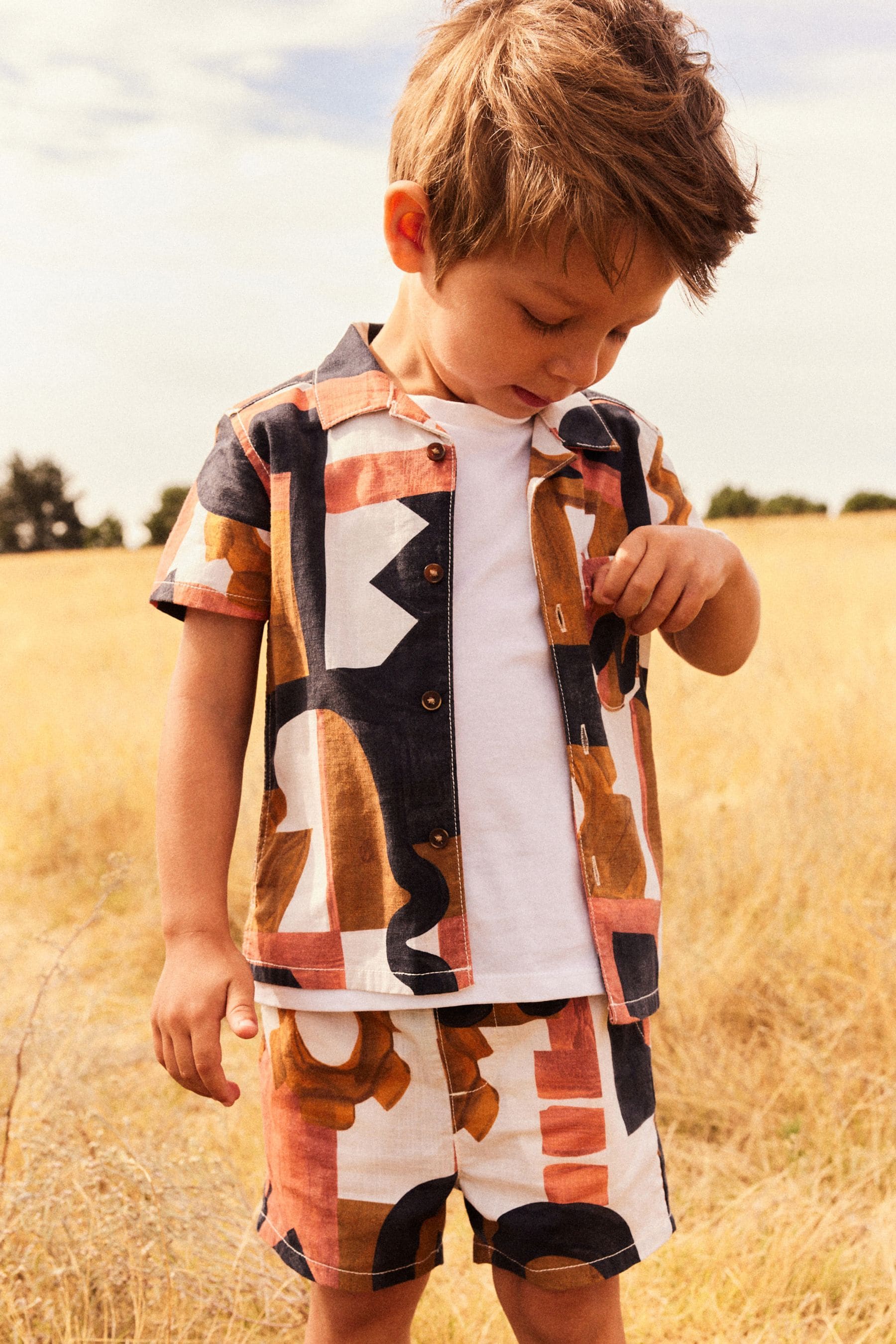 Tan Brown 100% Cotton Short Sleeves Printed Shirt and Shorts Set (3mths-12yrs)