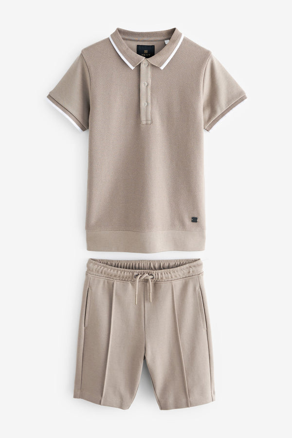 Stone Natural Textured Polo And Shorts Set (3-16yrs)