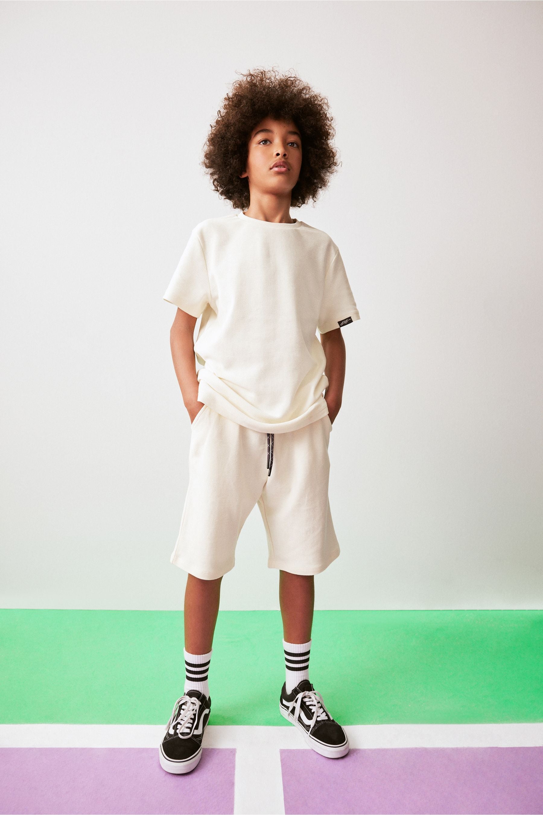 Ecru Cream Texture 100% Cotton Shorts and T-Shirt Set (3-16yrs)