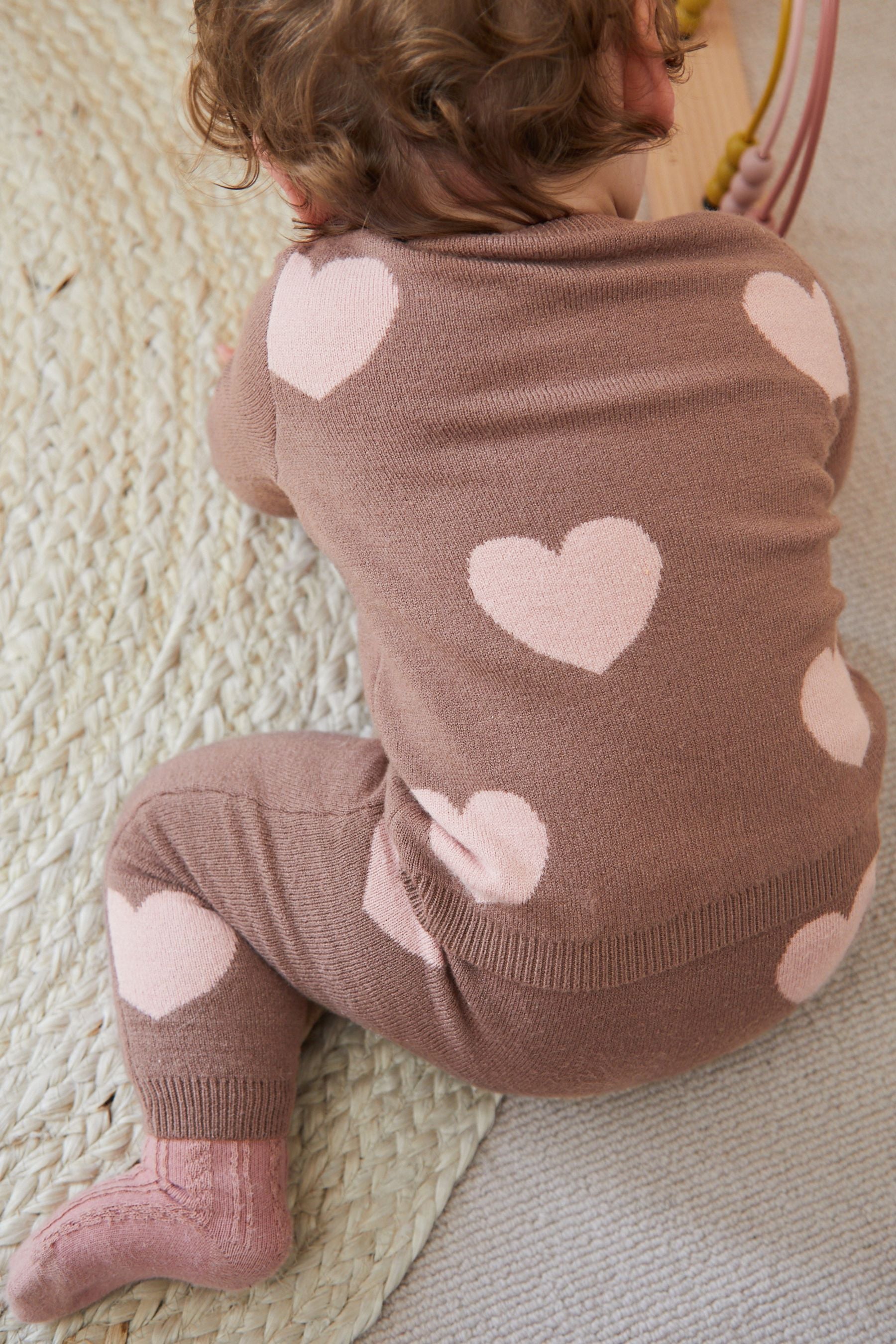 Chocolate Brown Heart Print Knitted Baby 2 Piece Set (0mths-2yrs)