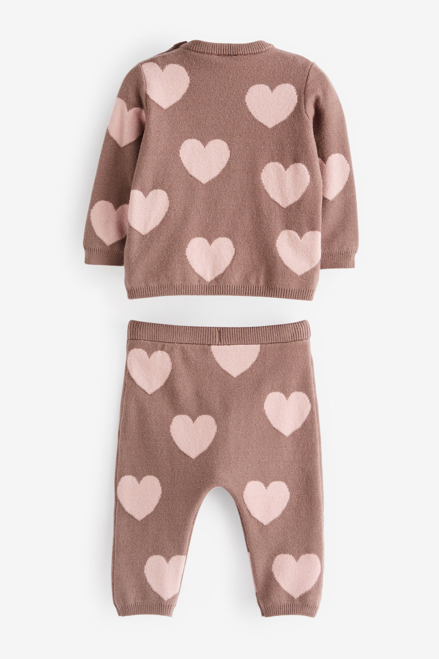 Chocolate Brown Heart Print Knitted Baby 2 Piece Set (0mths-2yrs)