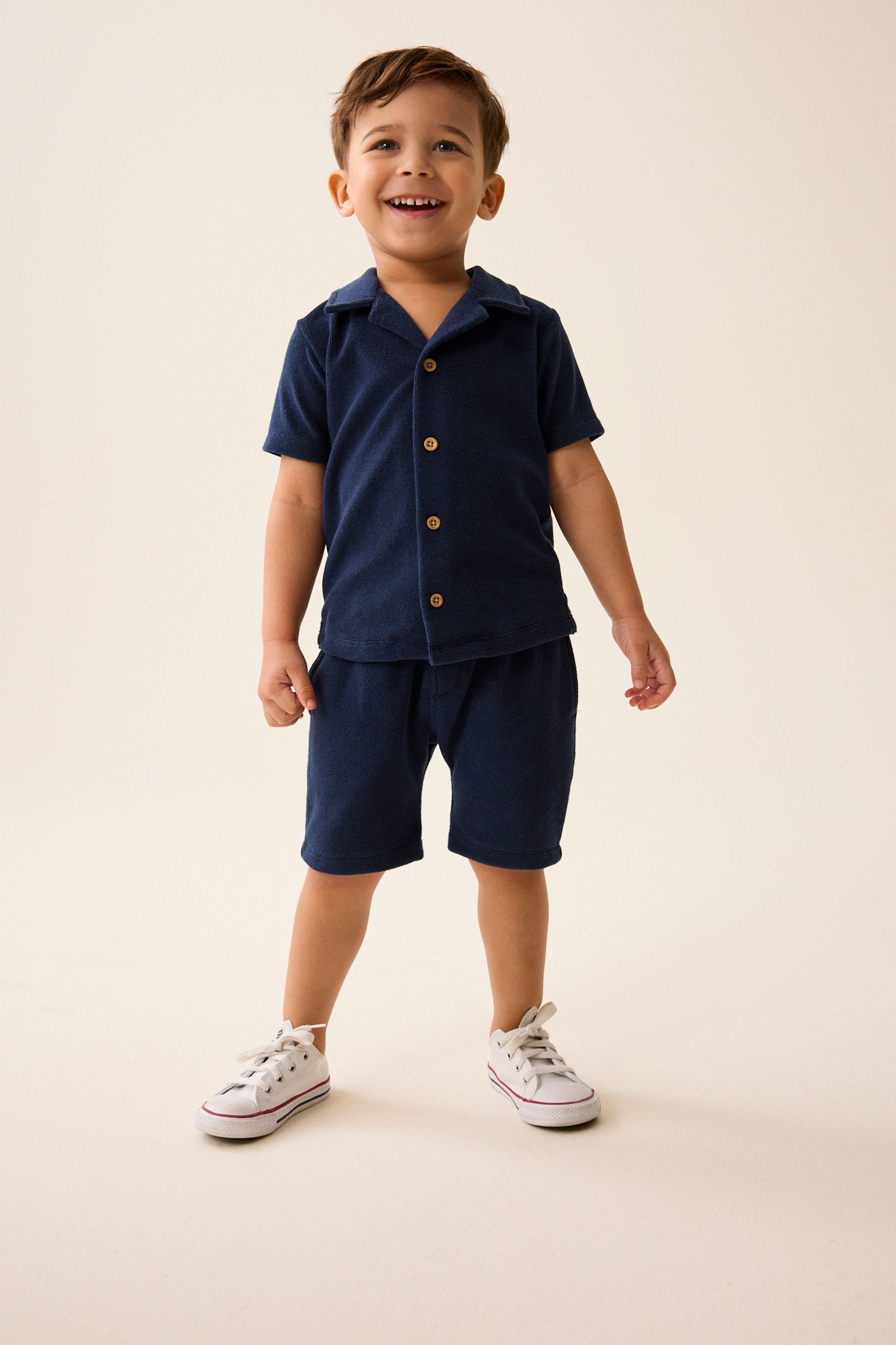 Navy Blue Short Sleeve Towelling Shirt and Shorts Set (3mths-7yrs)