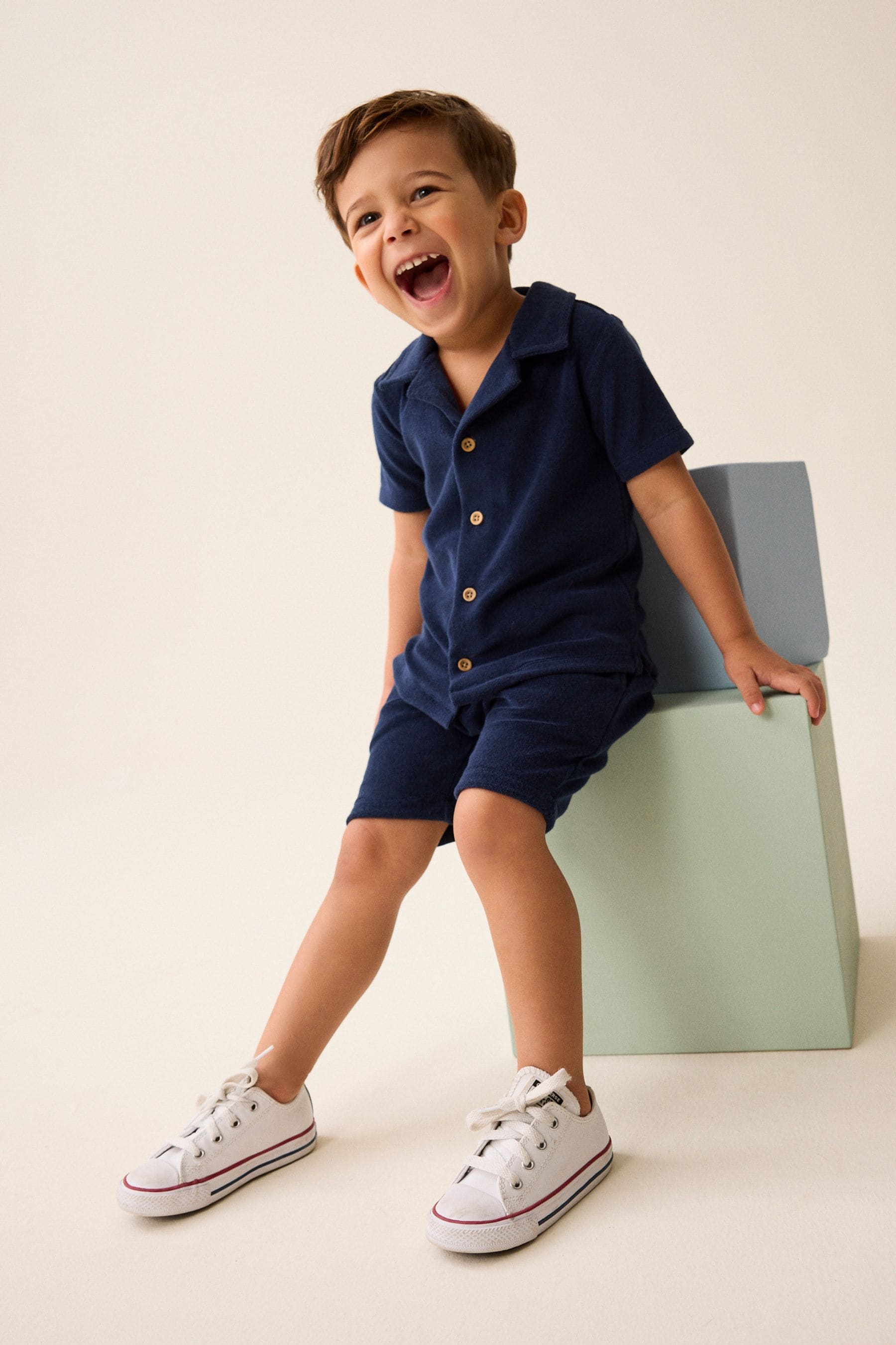 Navy Blue Short Sleeve Towelling Shirt and Shorts Set (3mths-7yrs)