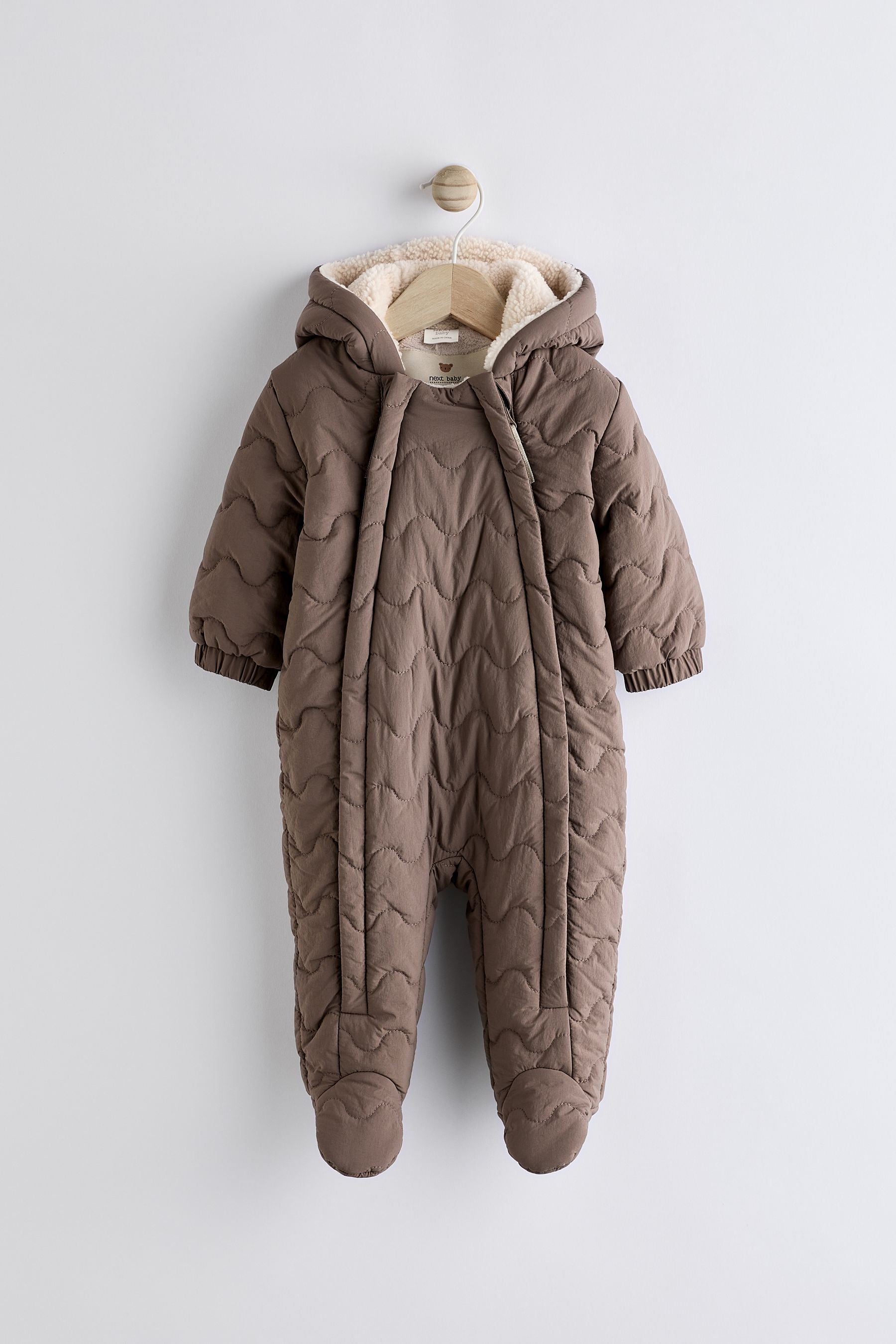 Mink Brown Baby Quilted Fleece Zip Lined Hooded All-In-One Pramsuit (0-18mths)