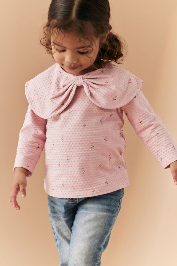 Pink Flower Long Sleeve Bow Collar T-Shirt (3mths-7yrs)