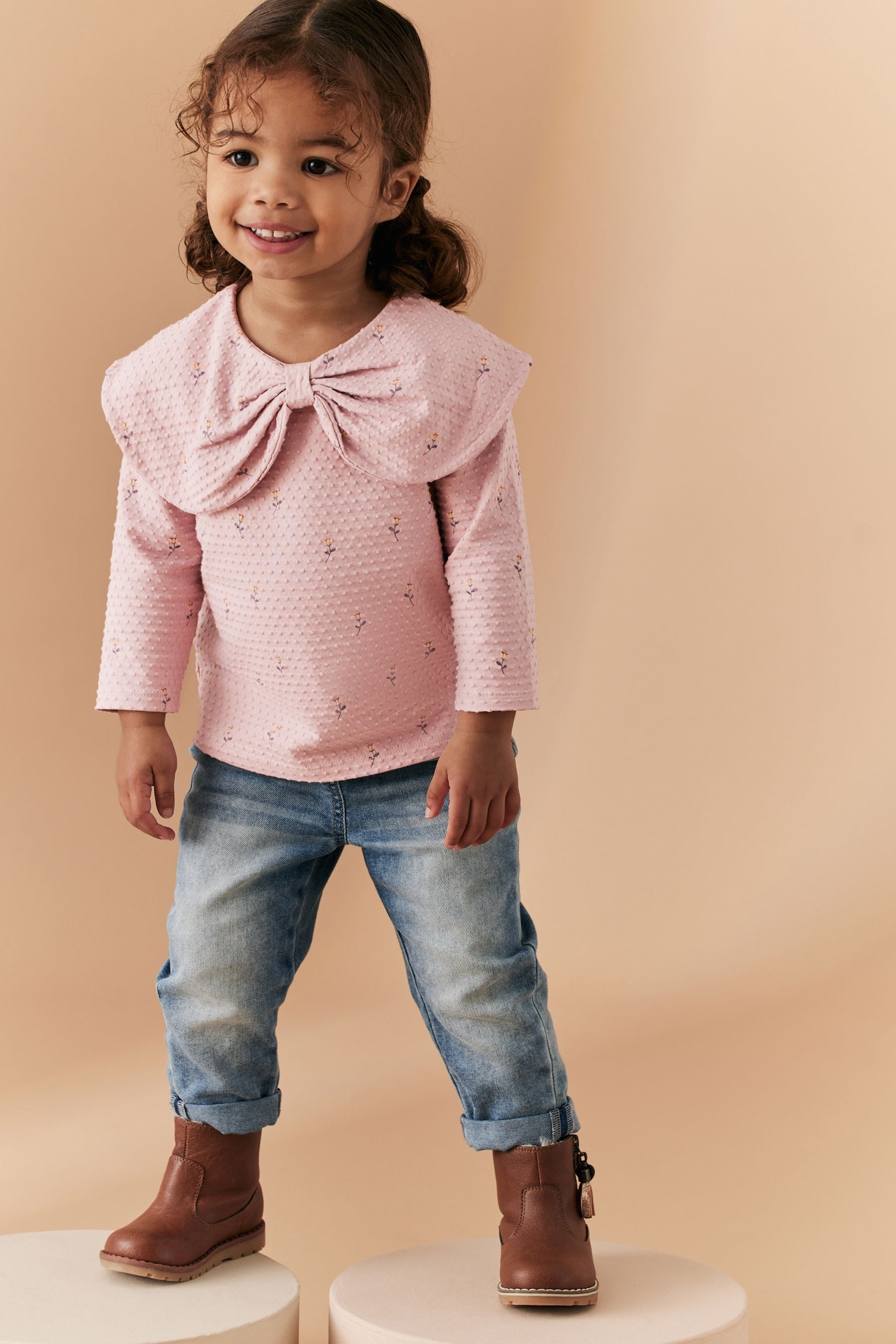 Pink Flower Long Sleeve Bow Collar T-Shirt (3mths-7yrs)