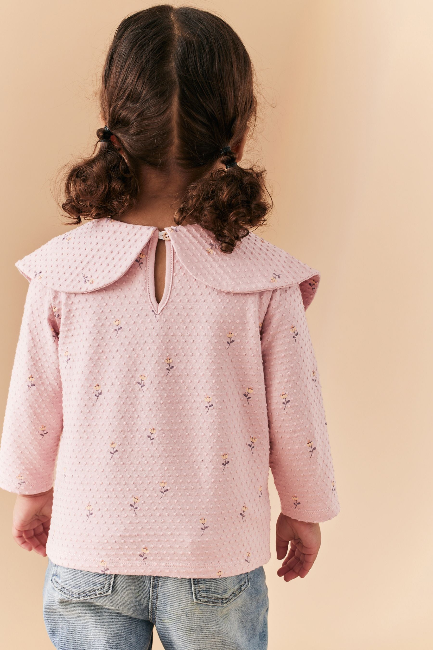 Pink Flower Long Sleeve Bow Collar T-Shirt (3mths-7yrs)