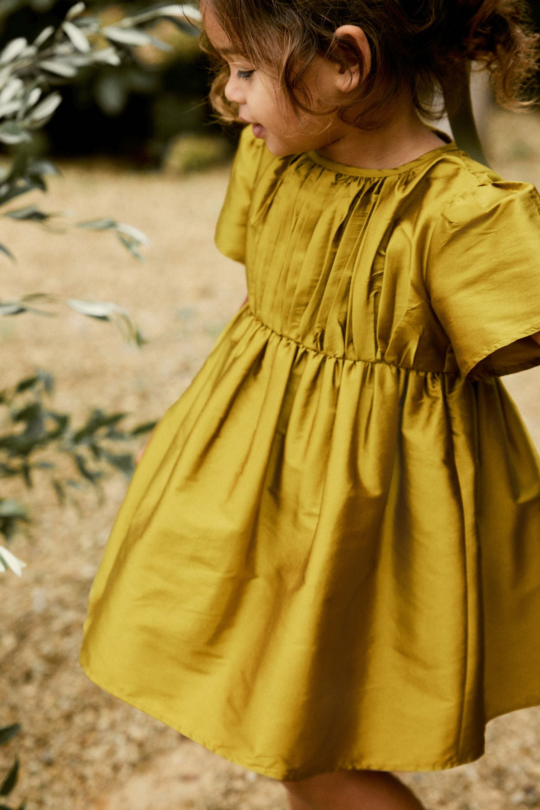 Olive Green Pleat Detail Short Sleeve Taffeta Dress (3mths-10yrs)