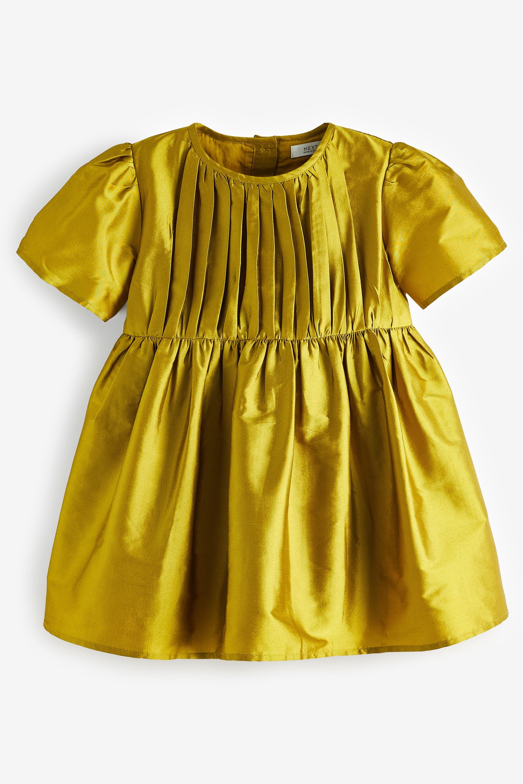 Olive Green Pleat Detail Short Sleeve Taffeta Dress (3mths-10yrs)