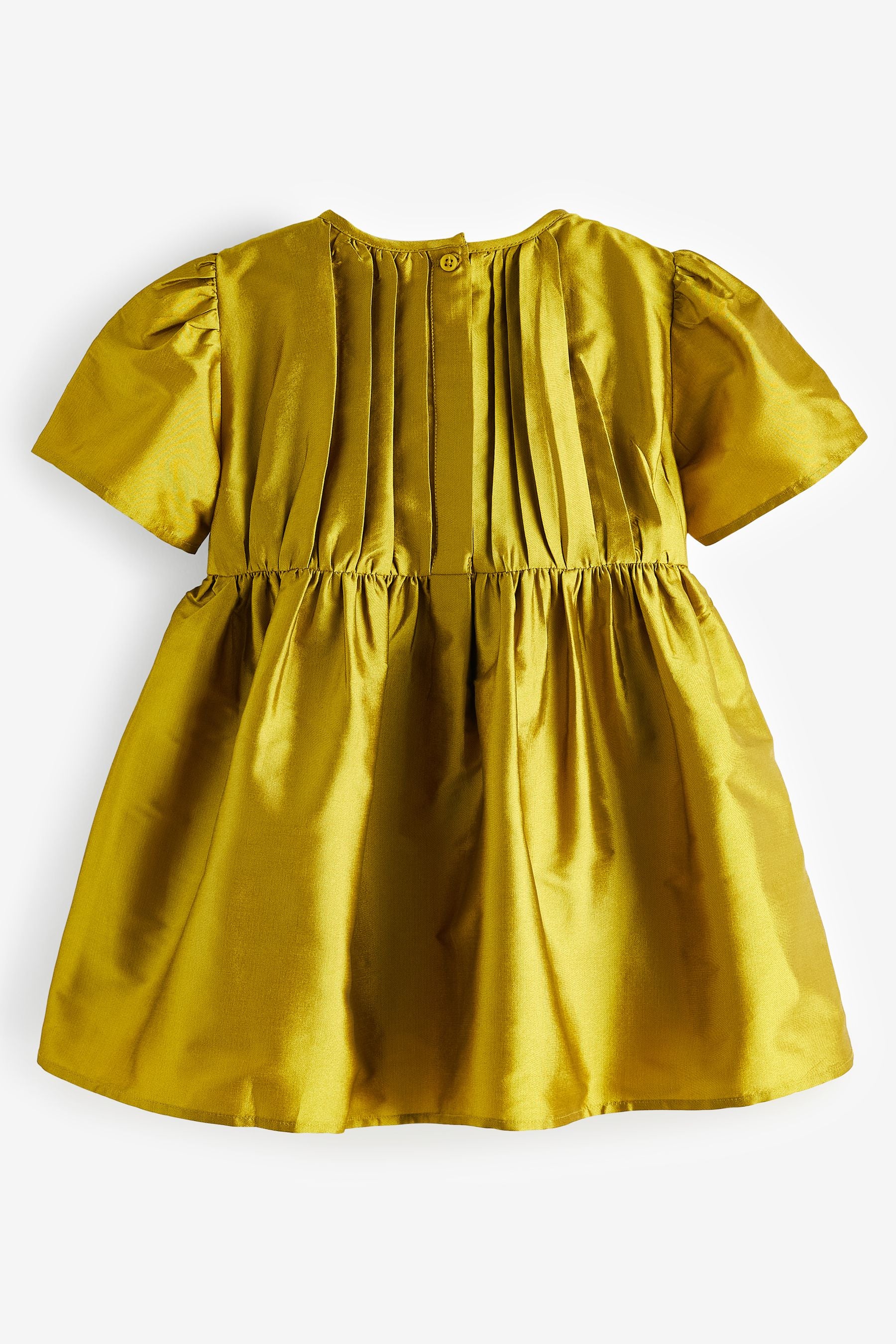 Olive Green Pleat Detail Short Sleeve Taffeta Dress (3mths-10yrs)