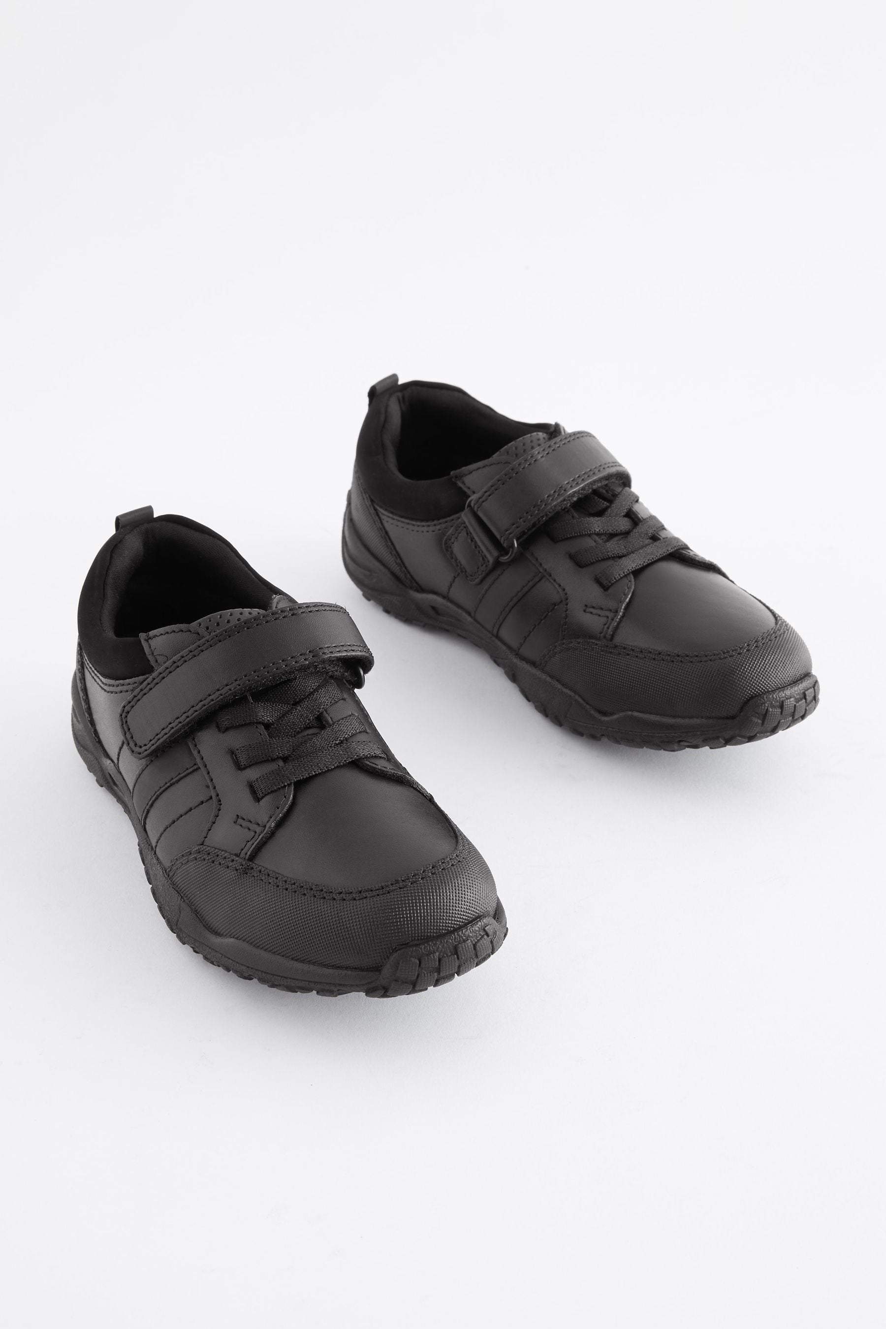 Black Extra Wide Fit (H) School Leather Elastic Lace Shoes