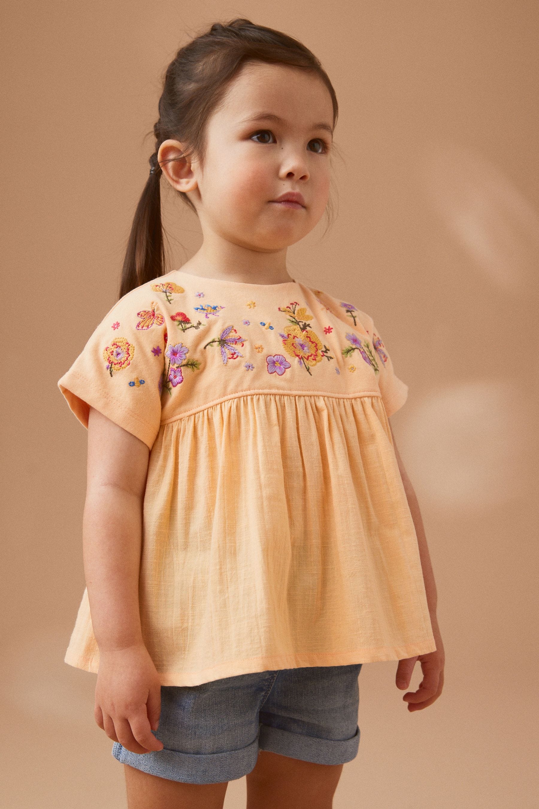 Peach Flower Embroidery Short Sleeve Blouse (3mths-7yrs)