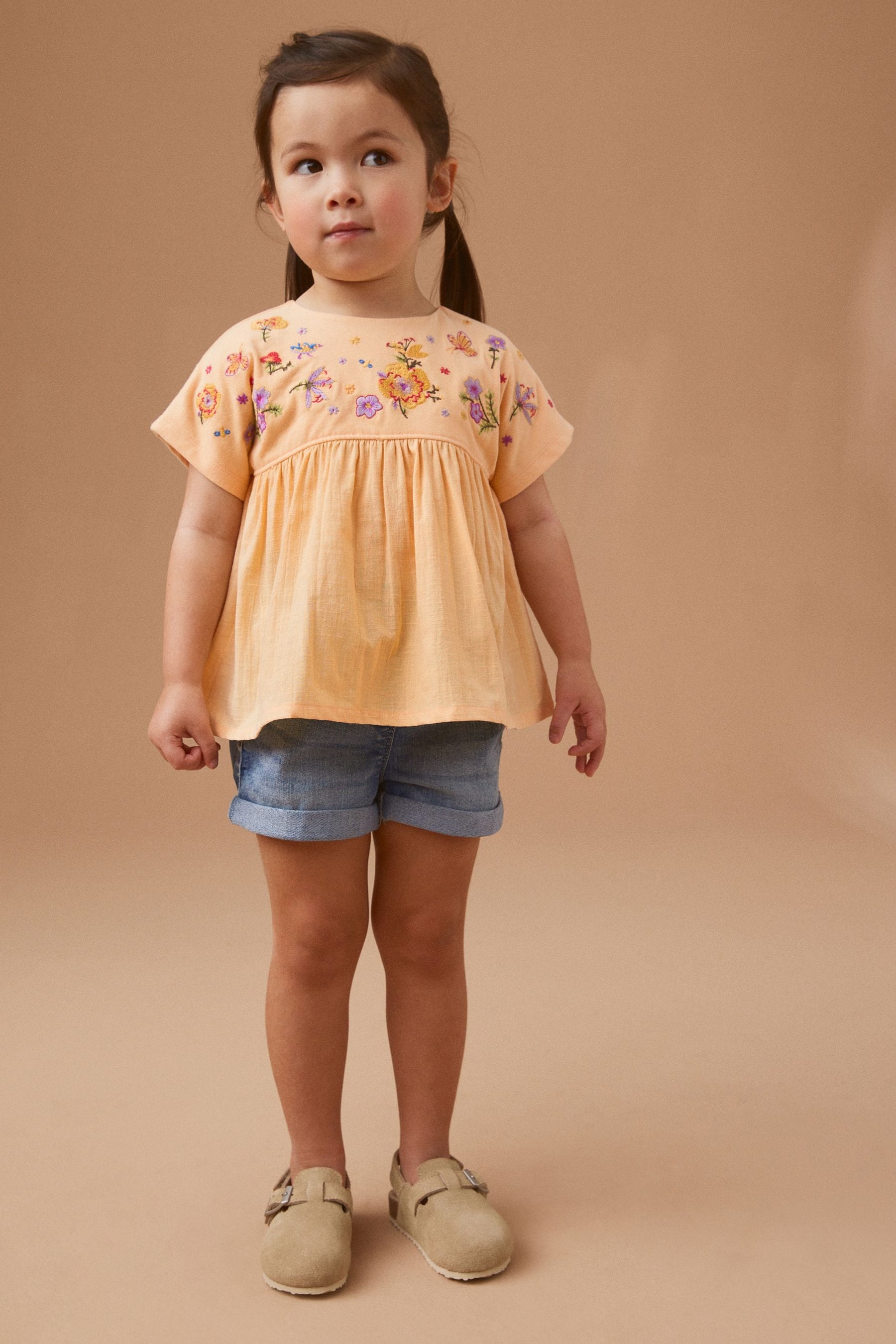 Peach Flower Embroidery Short Sleeve Blouse (3mths-7yrs)