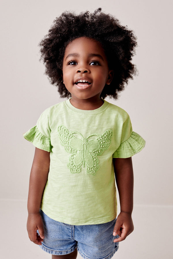 Pale Green Crochet Butterfly 100% Cotton T-Shirt (3mths-7yrs)