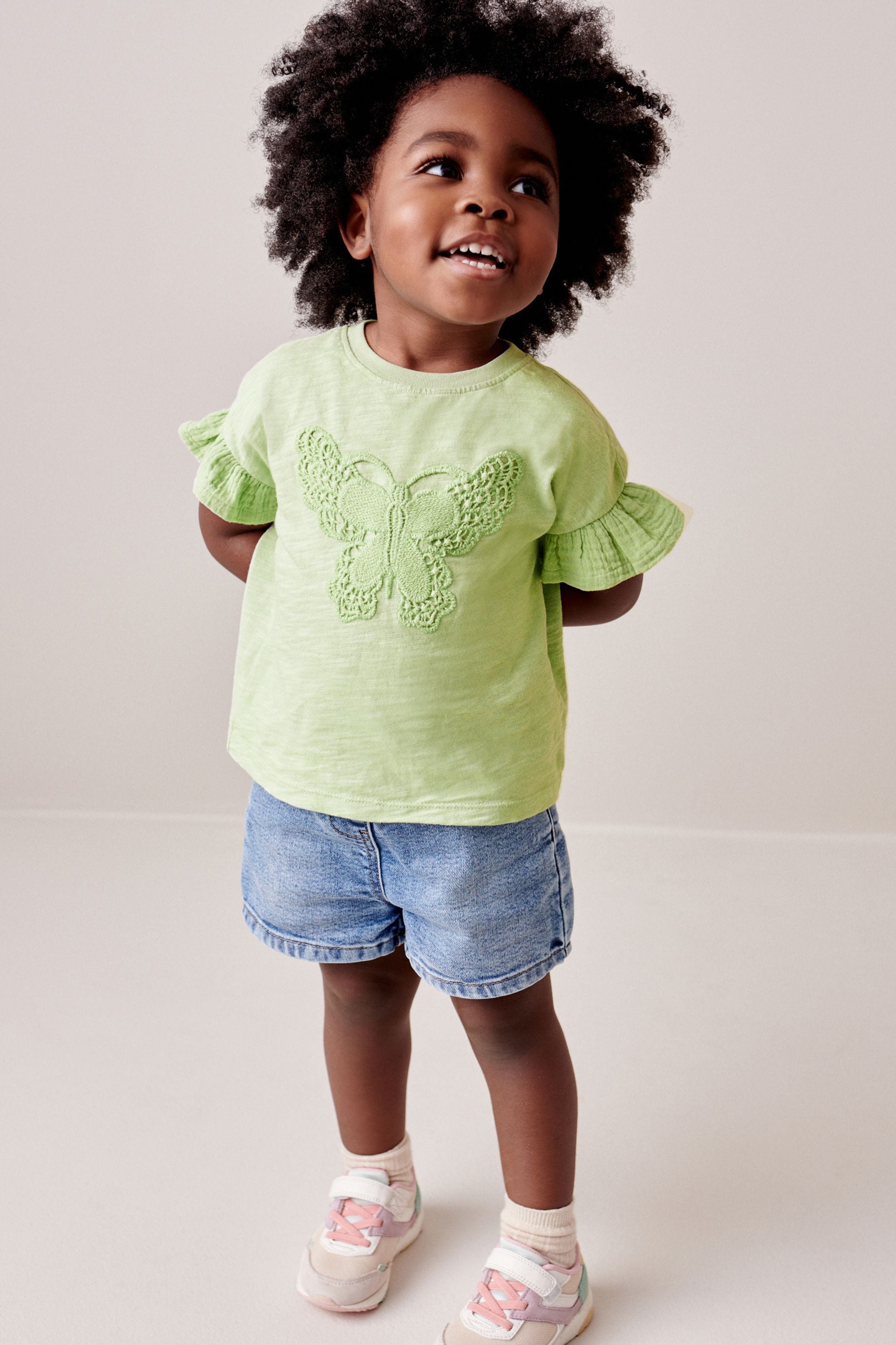 Pale Green Crochet Butterfly 100% Cotton T-Shirt (3mths-7yrs)